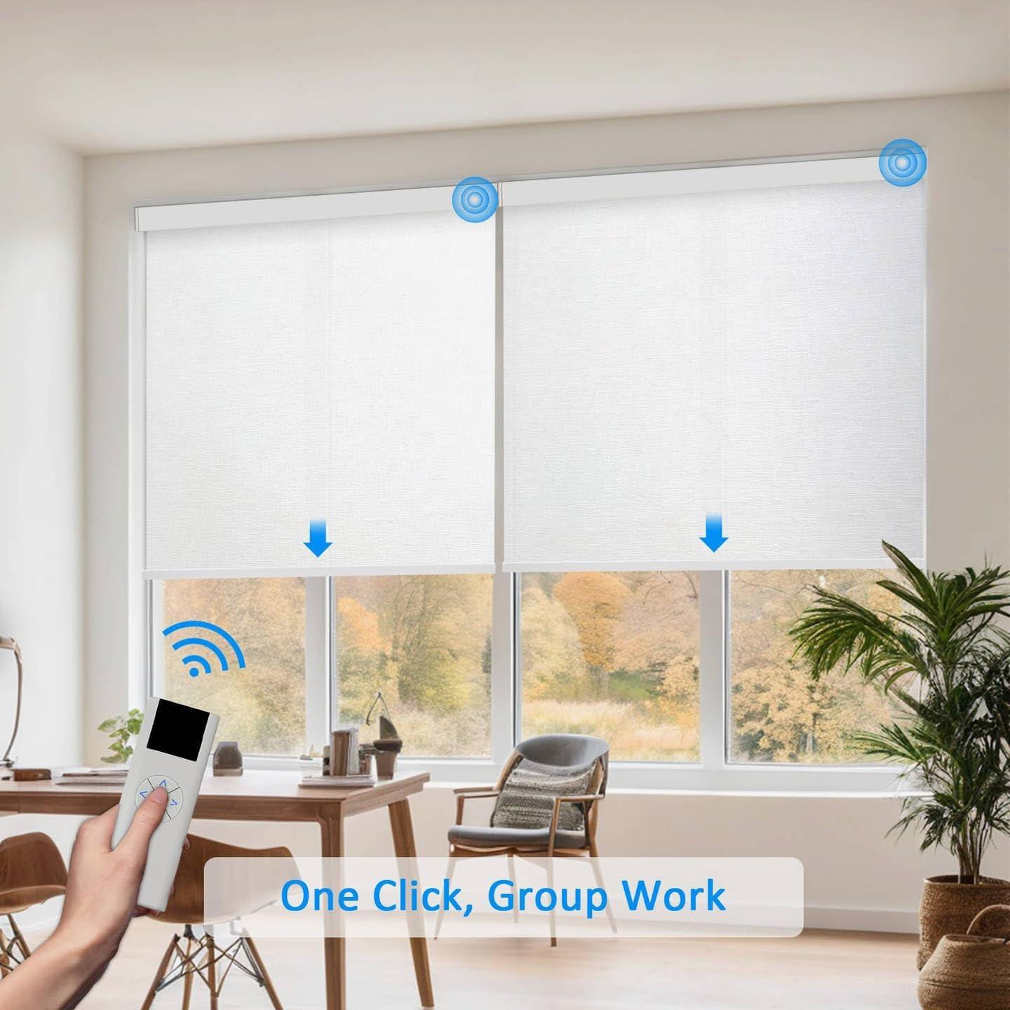 Motorized Blinds with Remote Cordless Automatic Motorized Shades Custom Blinds for Indoor Windows Smart Curtains with Alexa Google Home(Light Filtering Jacquard White,W57 x H72in)