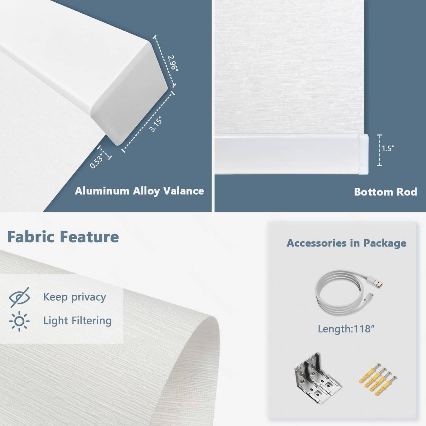 Motorized Blinds with Remote Cordless Automatic Motorized Shades Custom Blinds for Indoor Windows Smart Curtains with Alexa Google Home(Light Filtering Jacquard White,W57 x H72in)