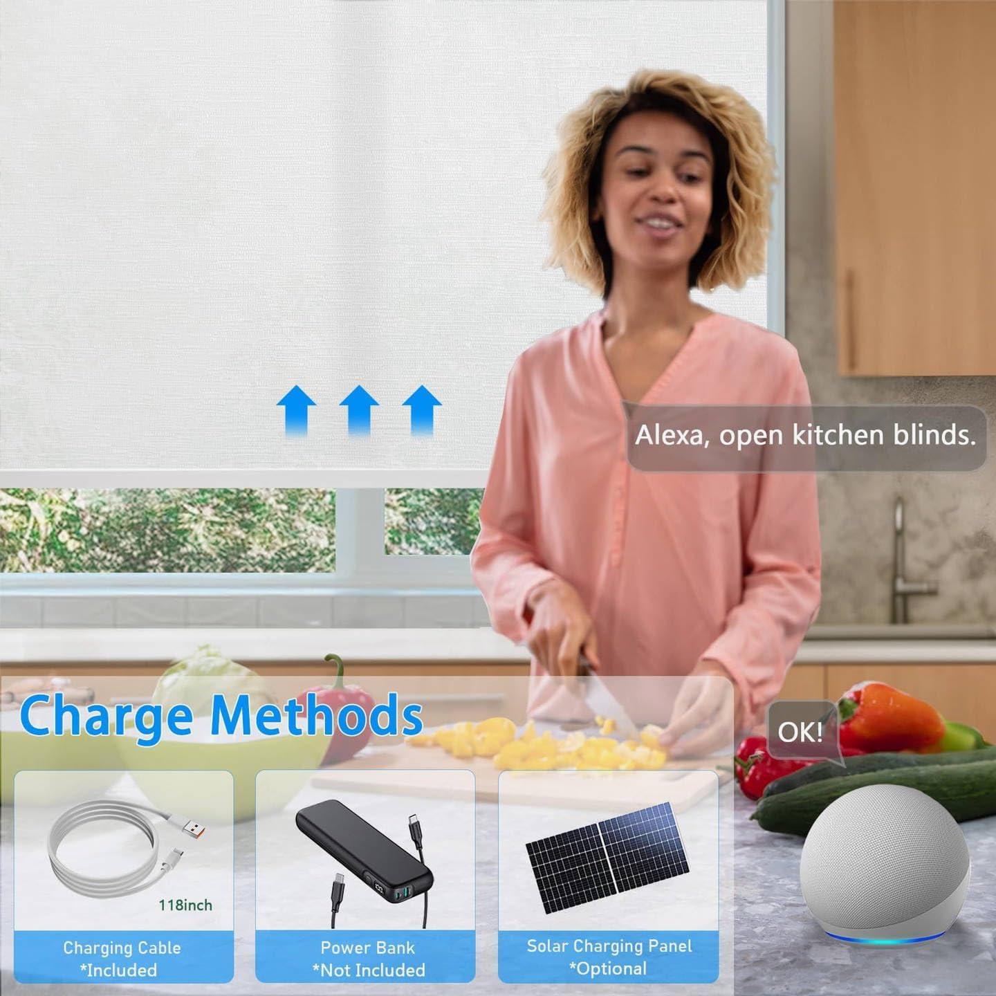 Motorized Blinds with Remote Cordless Automatic Motorized Shades Custom Blinds for Indoor Windows Smart Curtains with Alexa Google Home(Light Filtering Jacquard White,W57 x H72in)