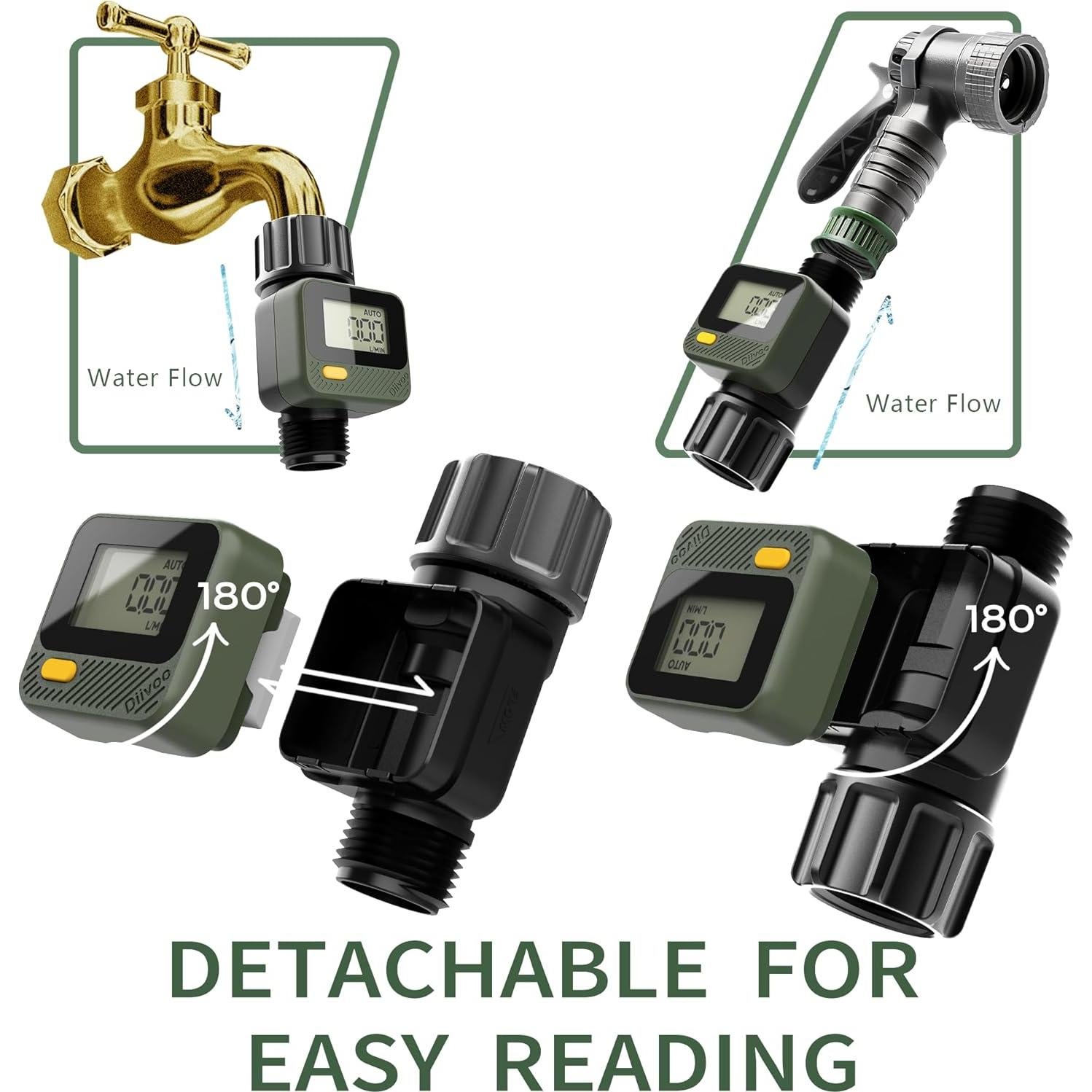 Medidor de Flujo de Agua Diivoo 2 Paquetes LCD 180° IP54
