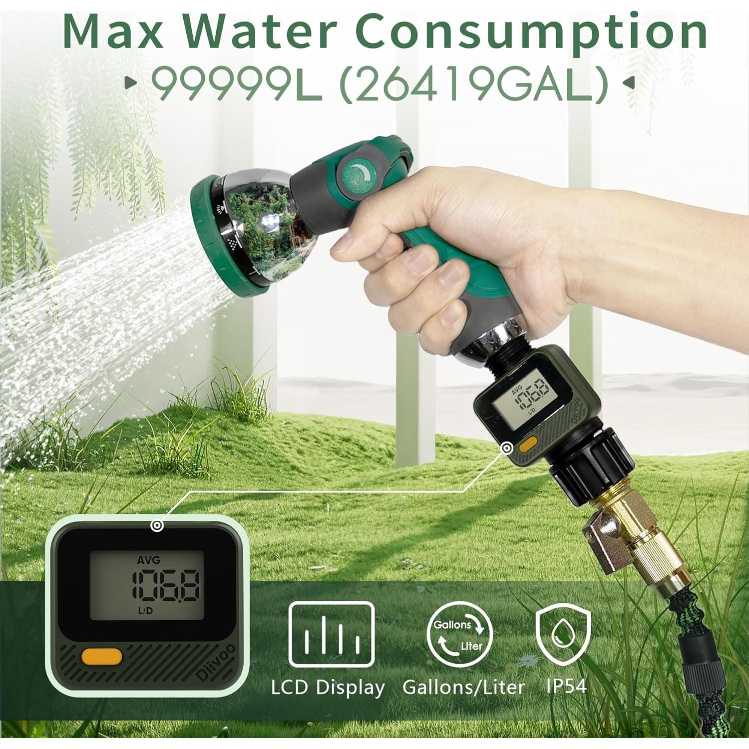 Medidor de Flujo de Agua Diivoo 2 Paquetes LCD 180° IP54