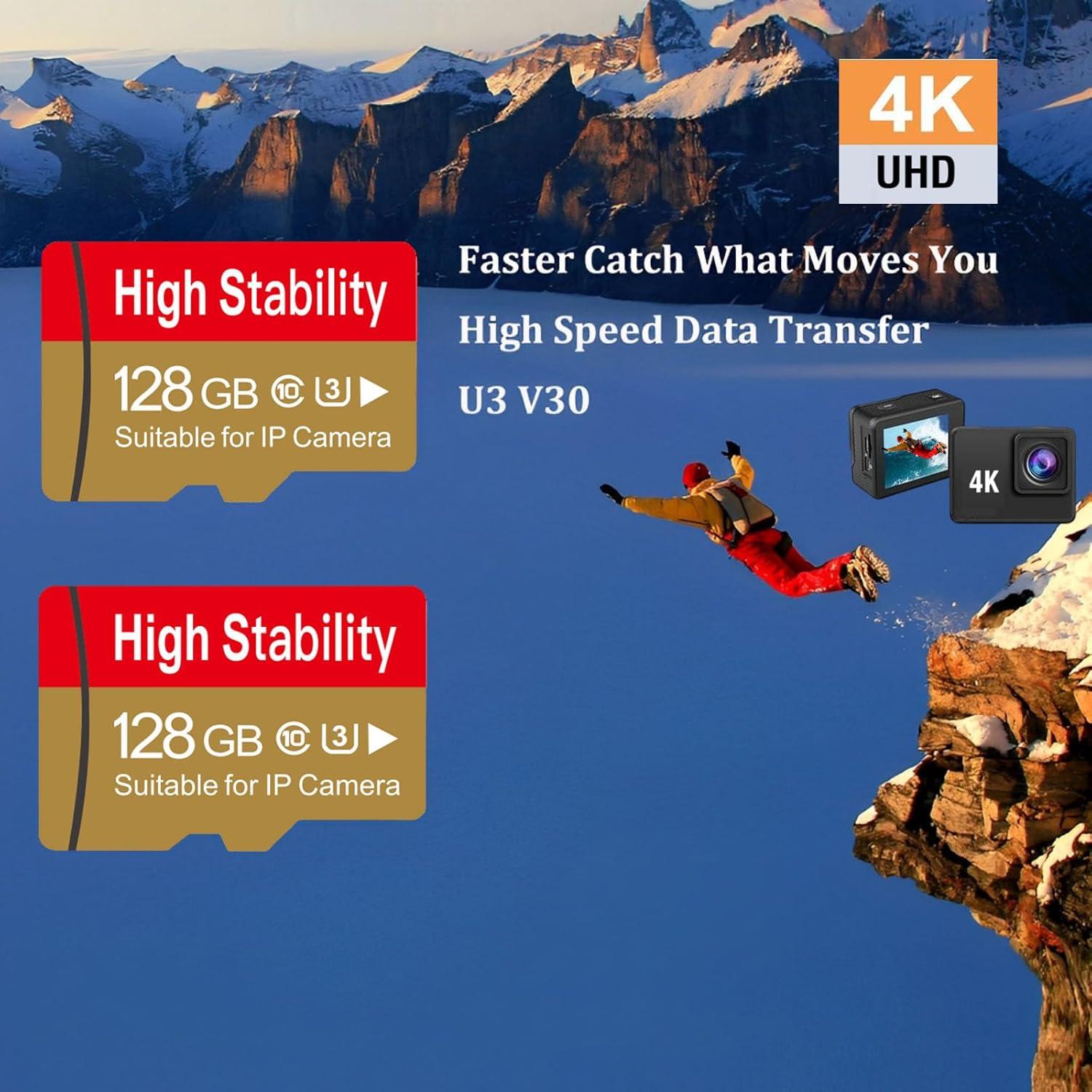 128GB Memory Card,Micro TF Card U3 V30 C10 4K UHD High Stability for Security Camera &GoPro &Action/Outdoor Camera/Dash Cam/Drones/Tablets/Phone with Adapter (2 Pack)