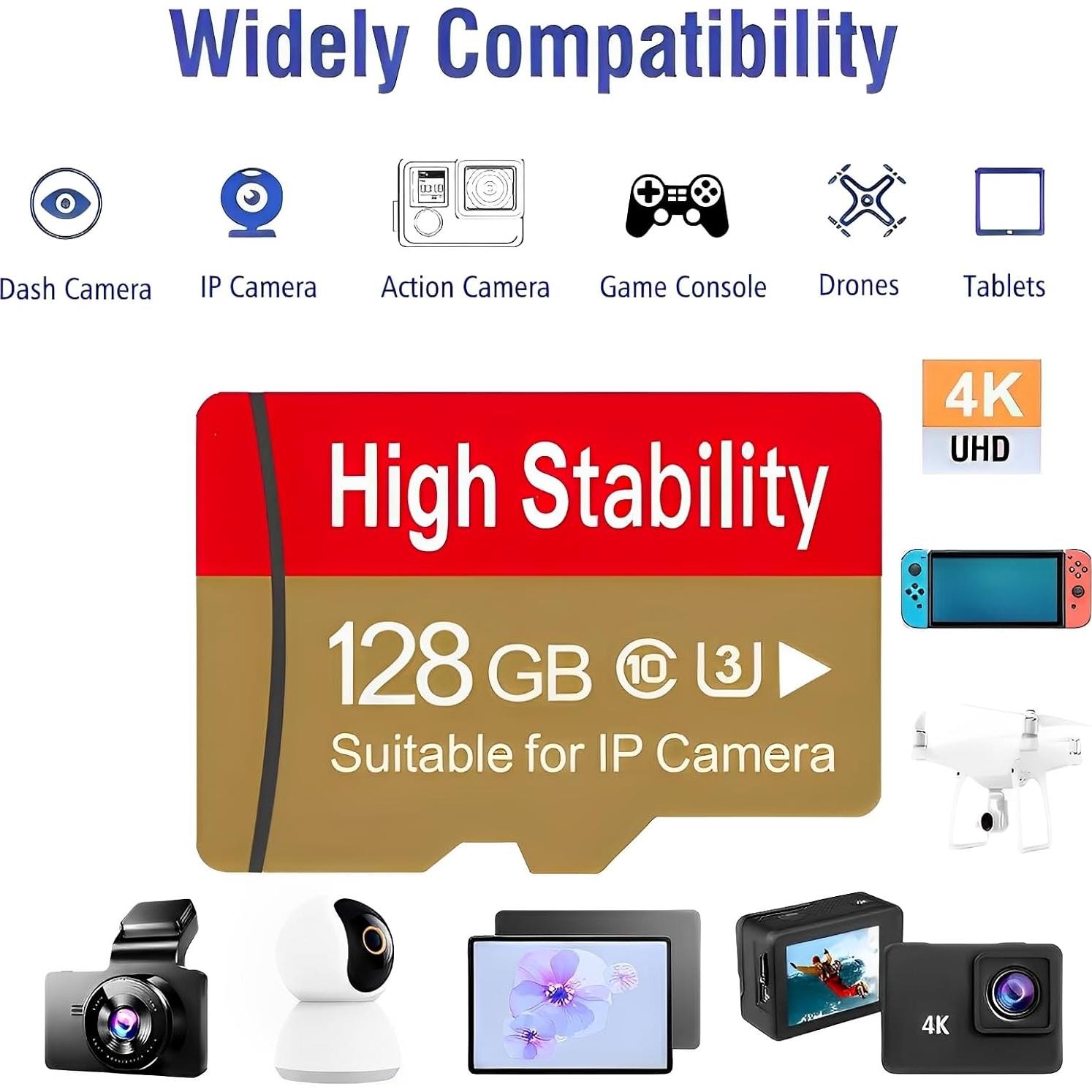 128GB Memory Card,Micro TF Card U3 V30 C10 4K UHD High Stability for Security Camera &GoPro &Action/Outdoor Camera/Dash Cam/Drones/Tablets/Phone with Adapter (2 Pack)