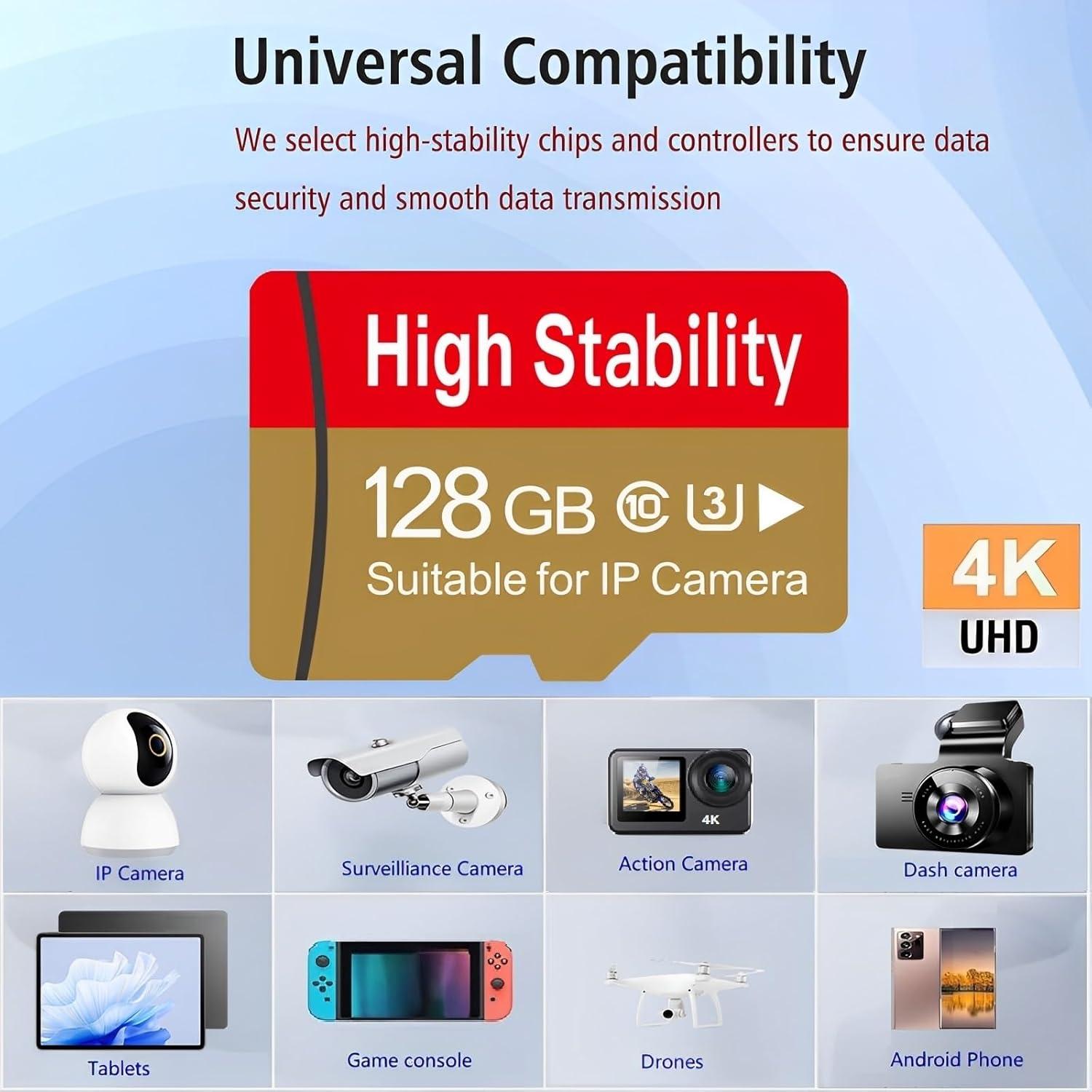 128GB Memory Card,Micro TF Card U3 V30 C10 4K UHD High Stability for Security Camera &GoPro &Action/Outdoor Camera/Dash Cam/Drones/Tablets/Phone with Adapter (2 Pack)