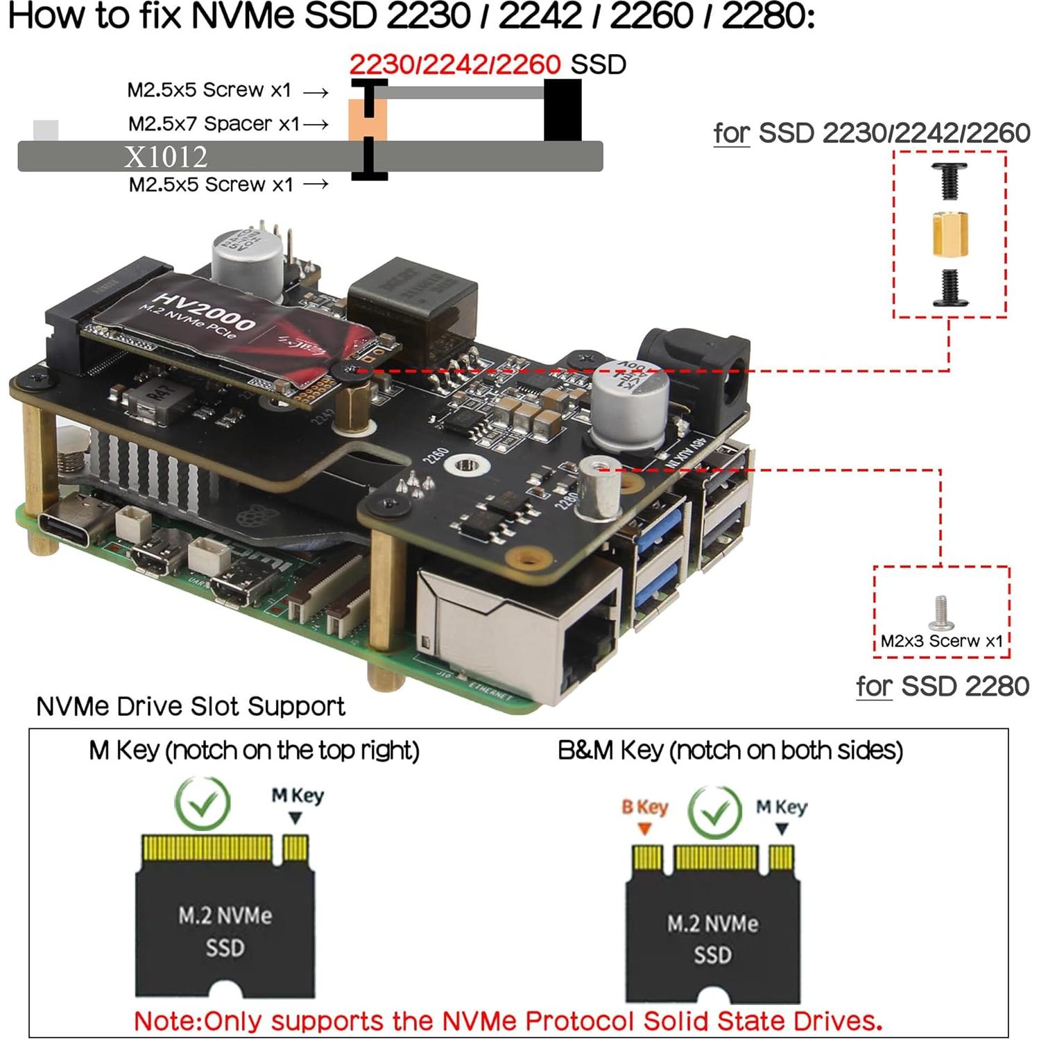 Geekworm X1012 PCIe a M.2 HAT NVMe SSD para Raspberry Pi 5
