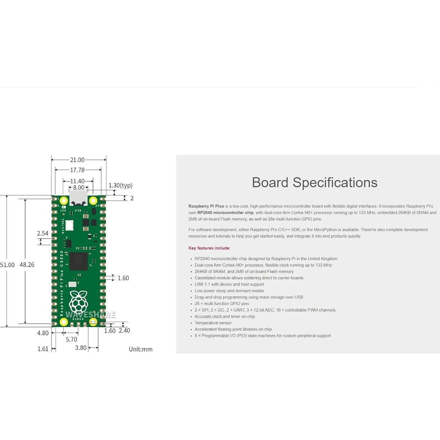 Placa Microcontrolador Raspberry Pi Pico RP2040 2MB Flash