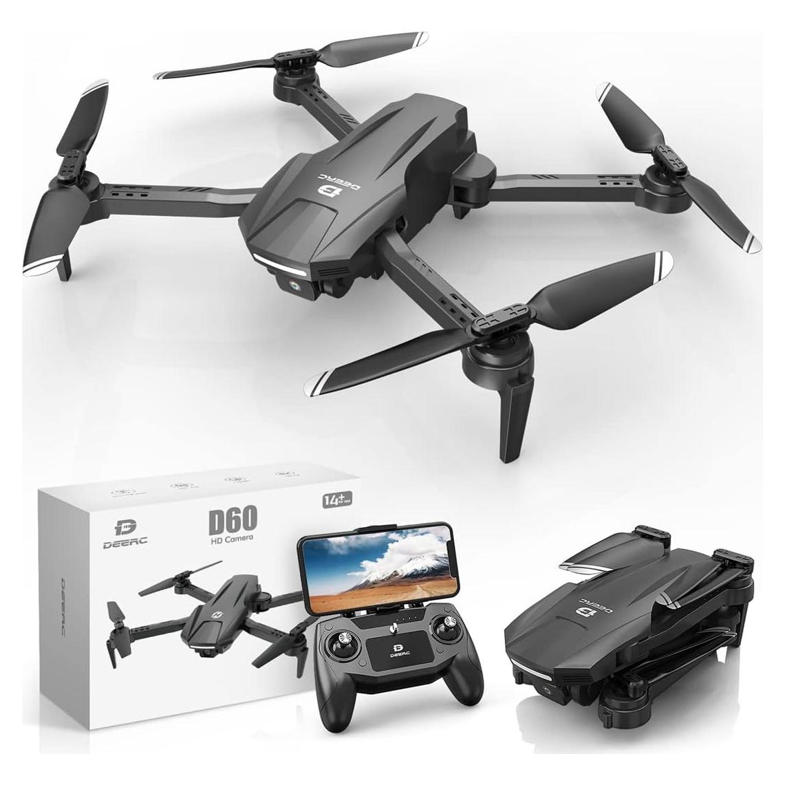 Dron DEERC D60 con Cámara 1080P HD, Plegable, Negro