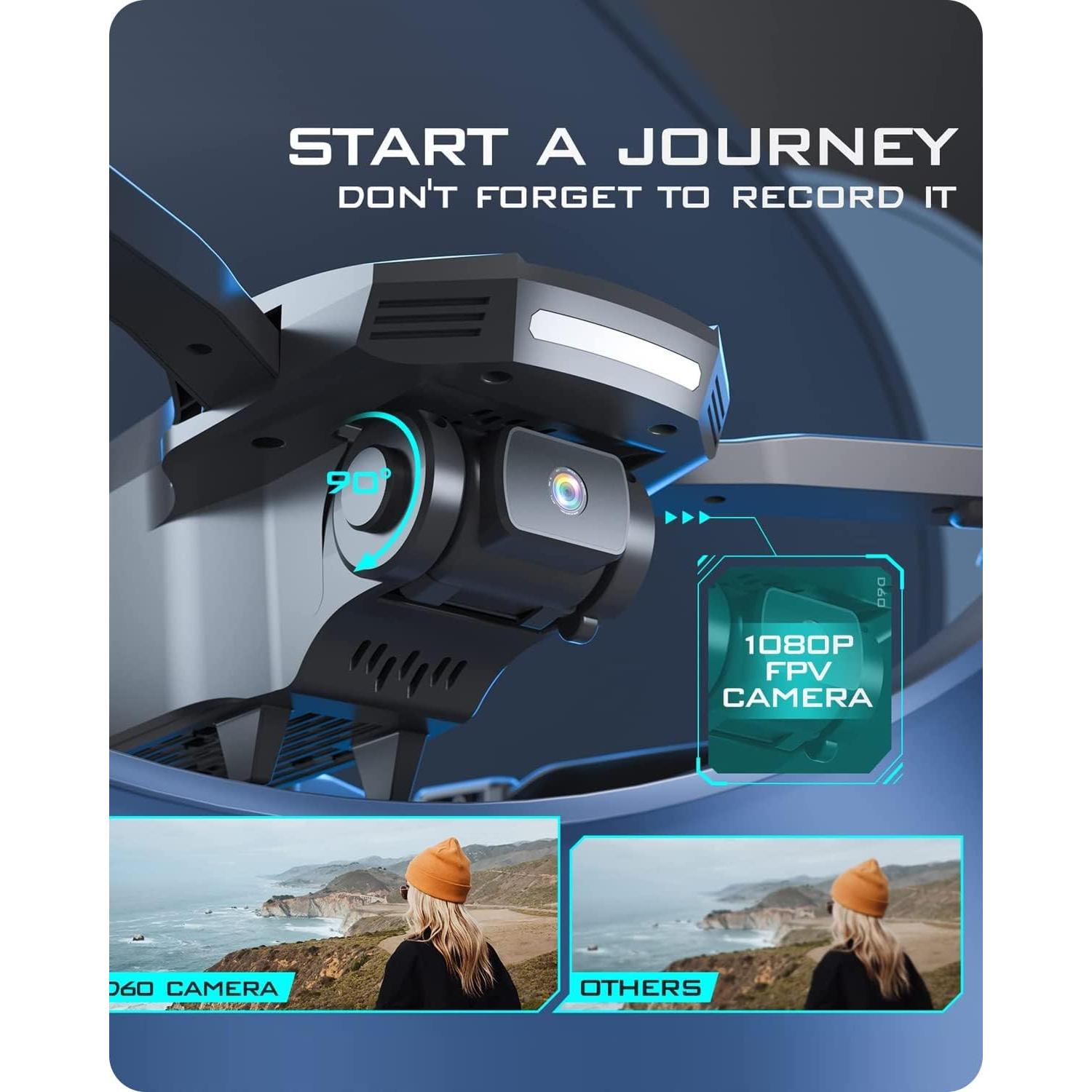 Dron DEERC D60 con Cámara 1080P HD, Plegable, Negro