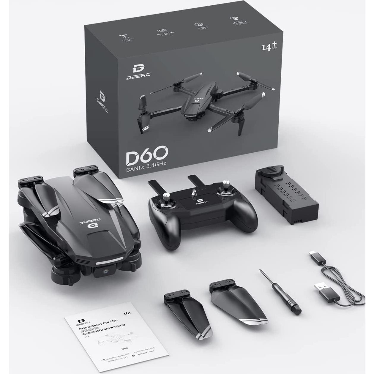 Dron DEERC D60 con Cámara 1080P HD, Plegable, Negro