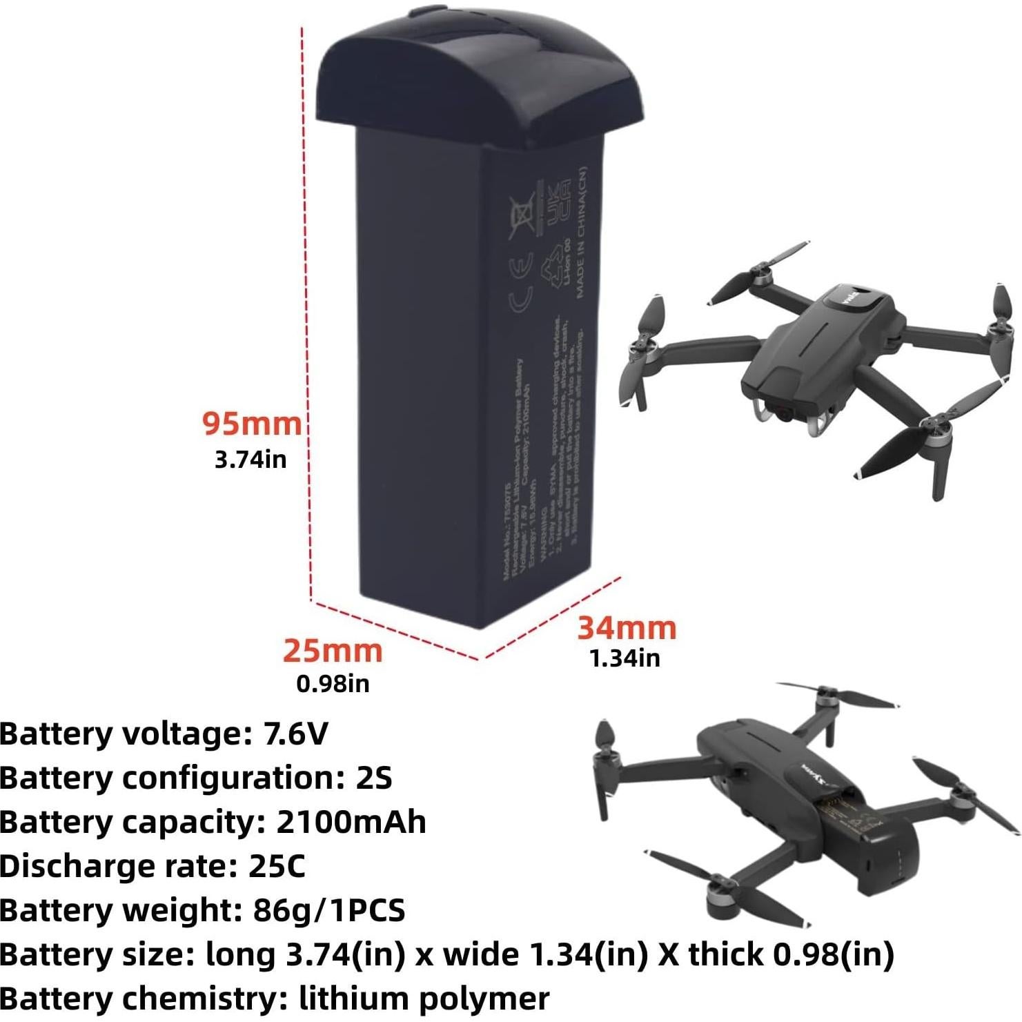 Fytoo Accessories 2PCS 7.6V 2100mAh Li-ion Battery with 2PCS Charging Line for SYMA X650 W3 HT50 V11MINI F7MINI F11MINI F7GIM Pro Quadcopter Spare Li-ion Battery HD Aerial Photography RC Drone