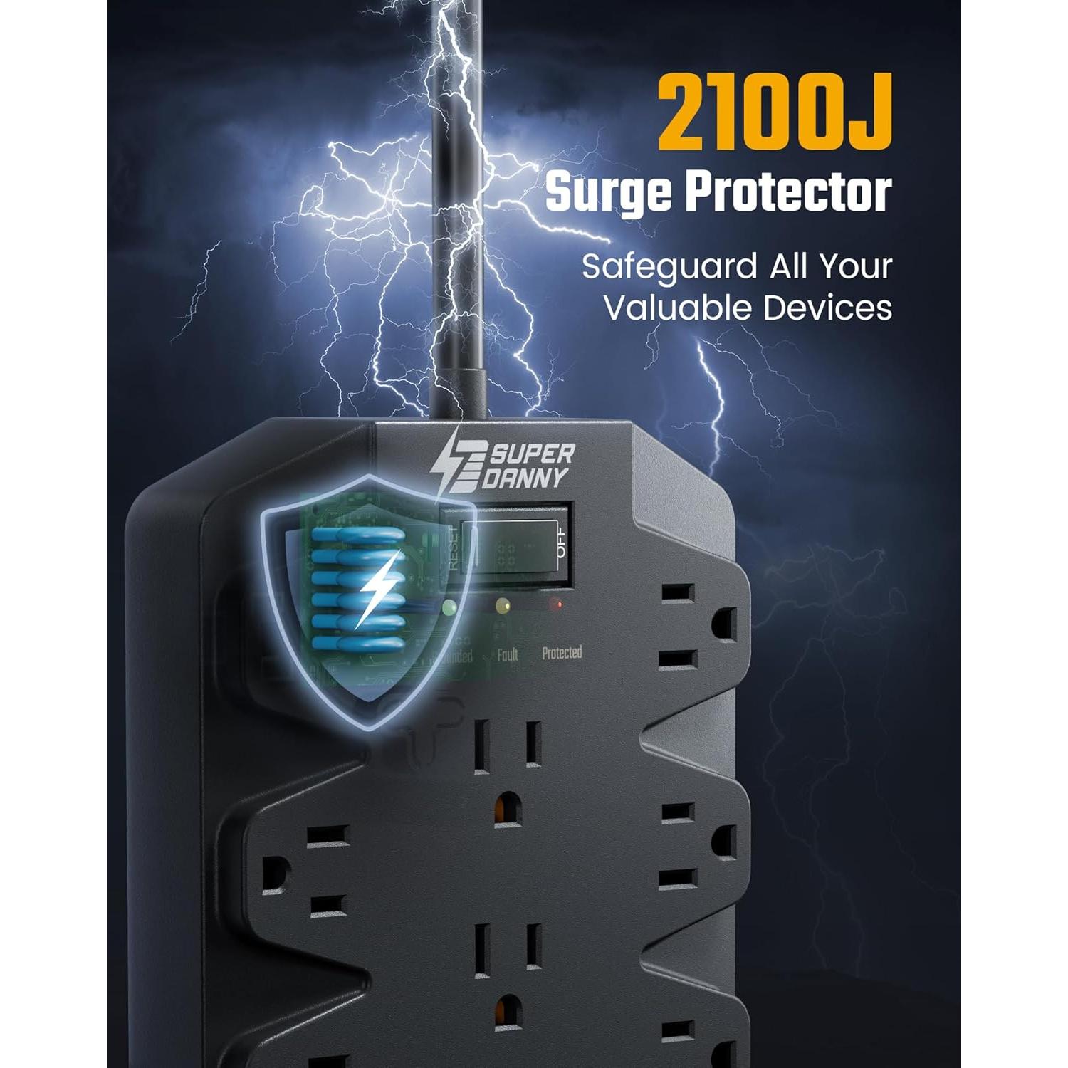 Regleta de Protección SUPERDANNY 18 Salidas AC 4 USB 1.98m