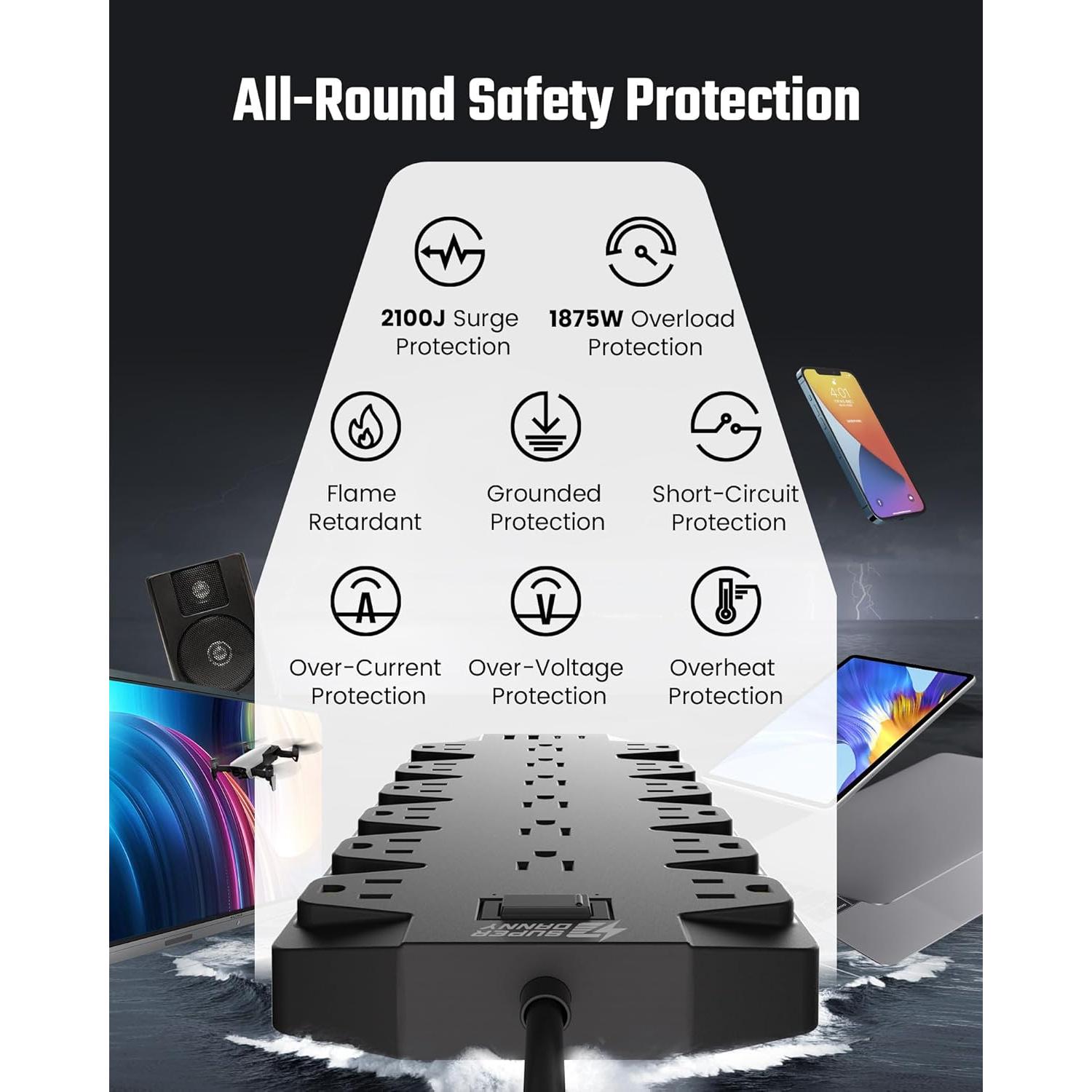 Regleta de Protección SUPERDANNY 18 Salidas AC 4 USB 1.98m