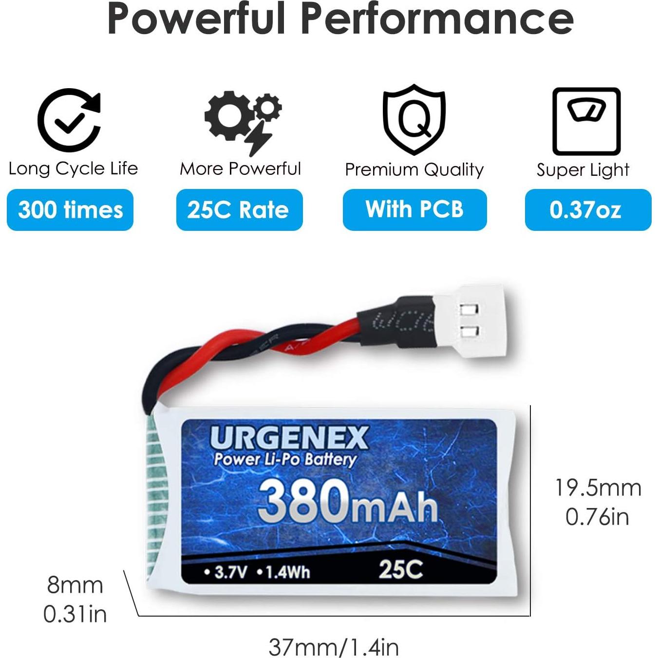 Batería Lipo URGENEX 3.7V 380mAh 25C para Drones RC 5PCS