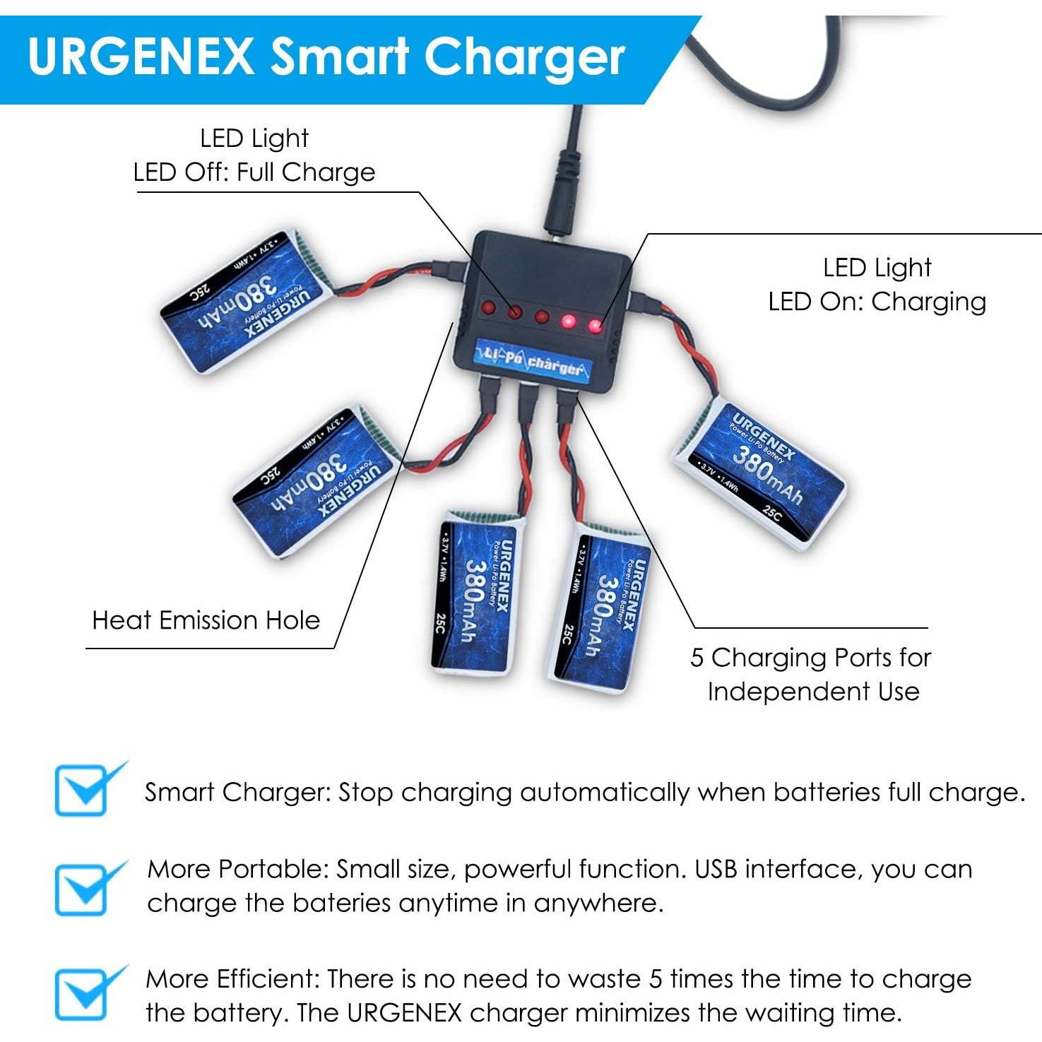 Batería Lipo URGENEX 3.7V 380mAh 25C para Drones RC 5PCS