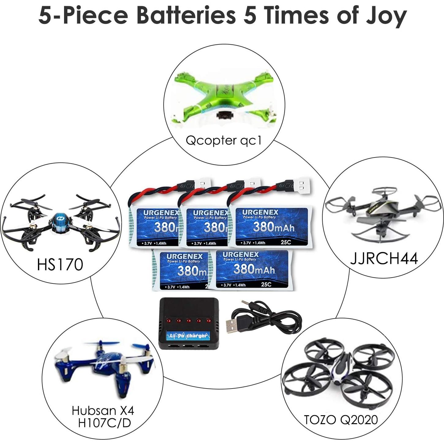 Batería Lipo URGENEX 3.7V 380mAh 25C para Drones RC 5PCS