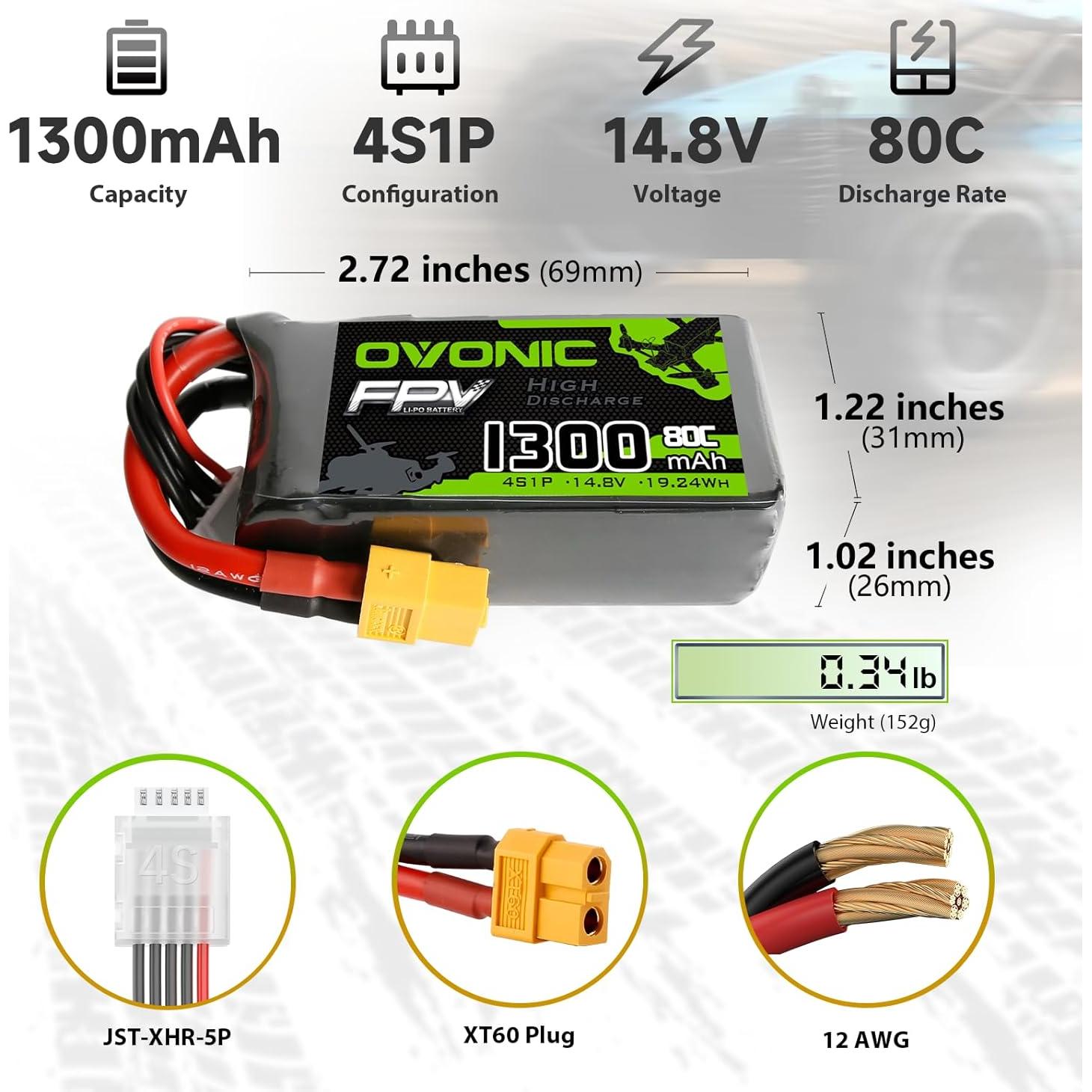 Batería Lipo Ovonic 4S 80C 1300mAh 14.8V XT60 para Dron RC