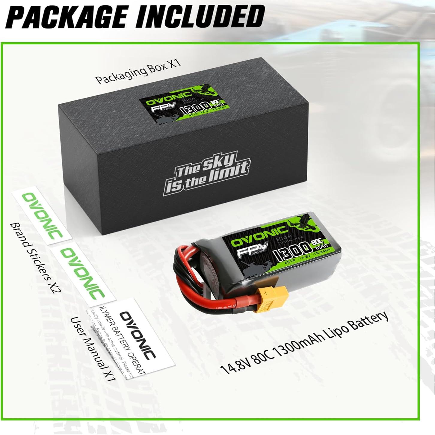 Batería Lipo Ovonic 4S 80C 1300mAh 14.8V XT60 para Dron RC