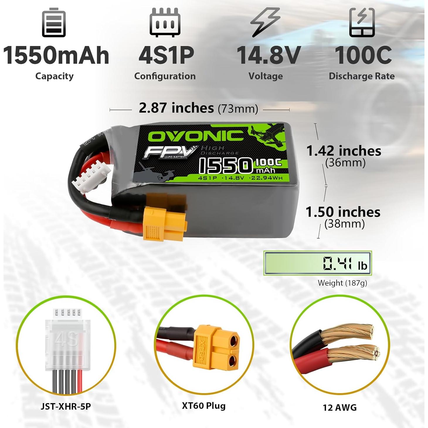 Batería Lipo Ovonic 4S 100C 1550mAh 14.8V XT60 - 2 Paquetes