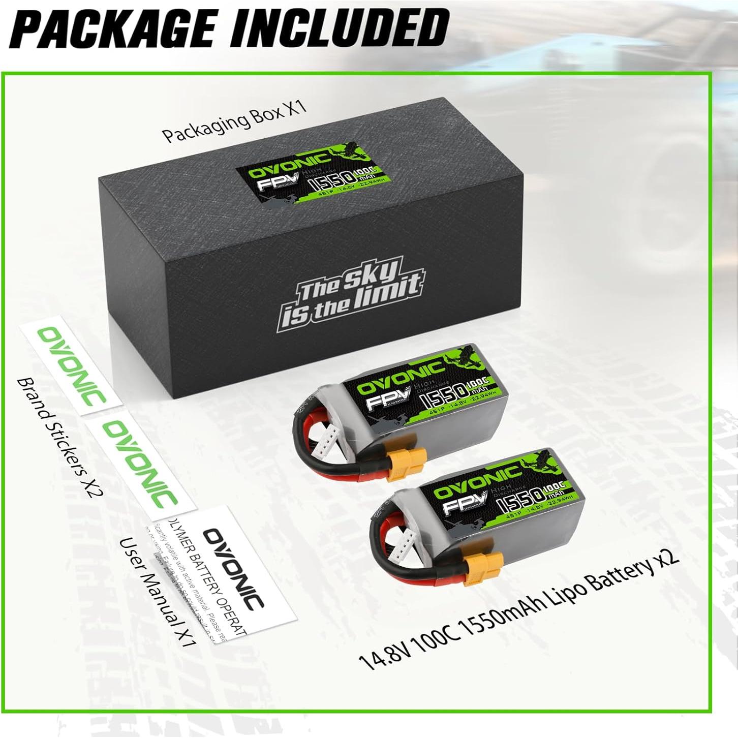 Batería Lipo Ovonic 4S 100C 1550mAh 14.8V XT60 - 2 Paquetes