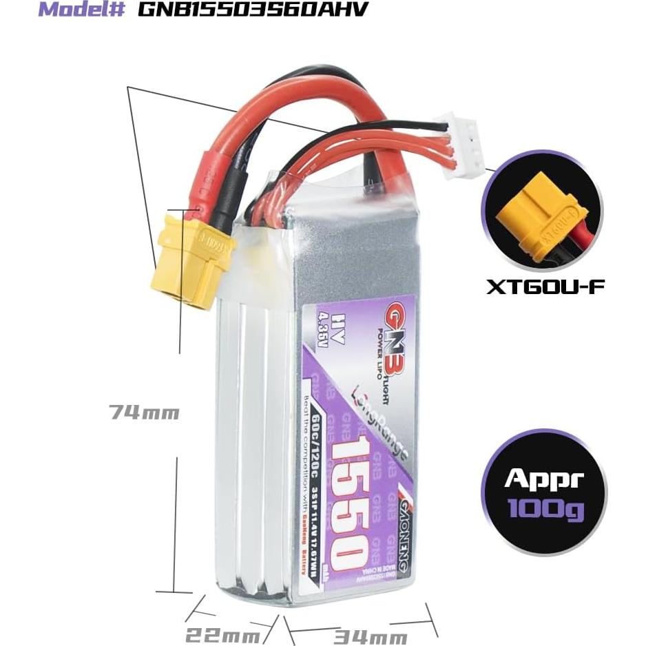 GAONENG GNB LiPo Battery 3S 1550mAh 11.4V HV 60C Long Range Drone FPV XT60 Connector