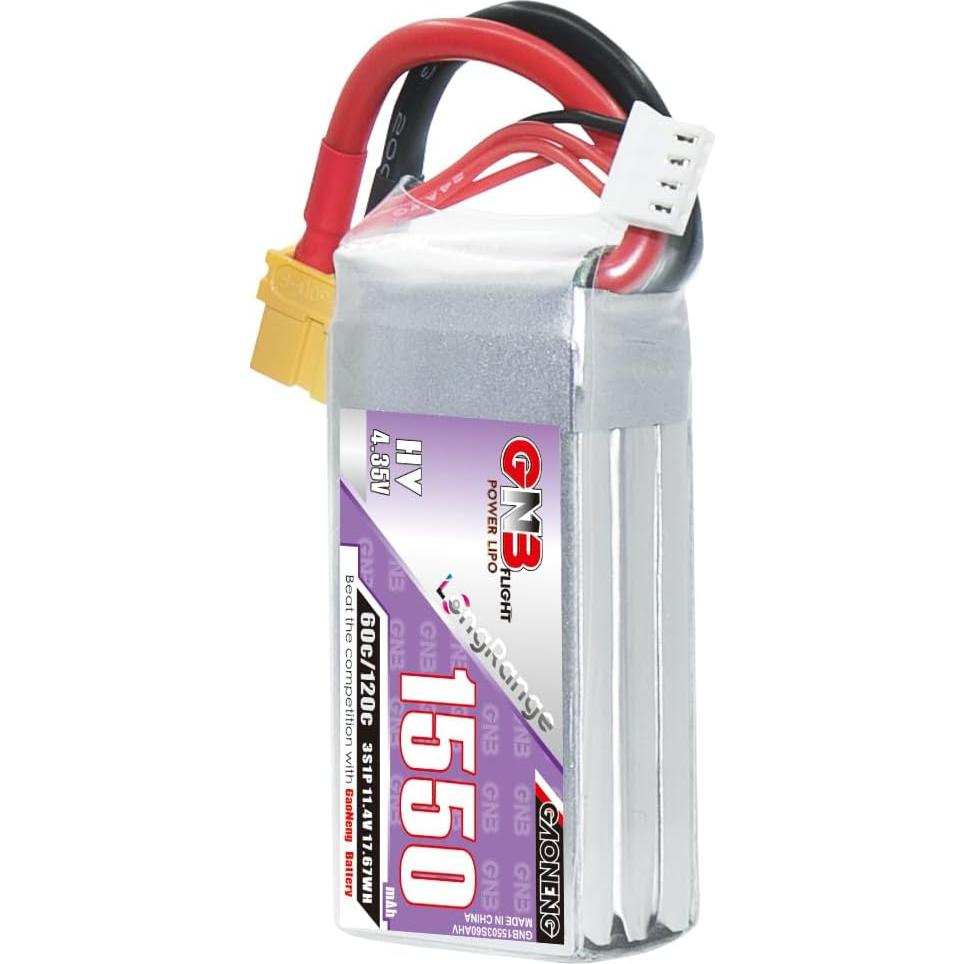 GAONENG GNB LiPo Battery 3S 1550mAh 11.4V HV 60C Long Range Drone FPV XT60 Connector