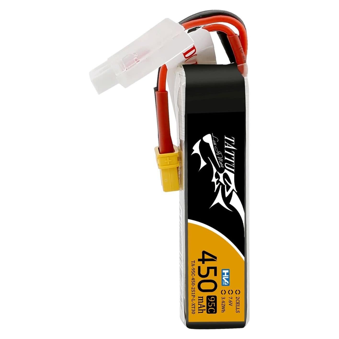 TATTU 450mAh 7.6V High Voltage 95C 2SLipo Battery Pack with XT30 Plug - Long Pack for Small Drones