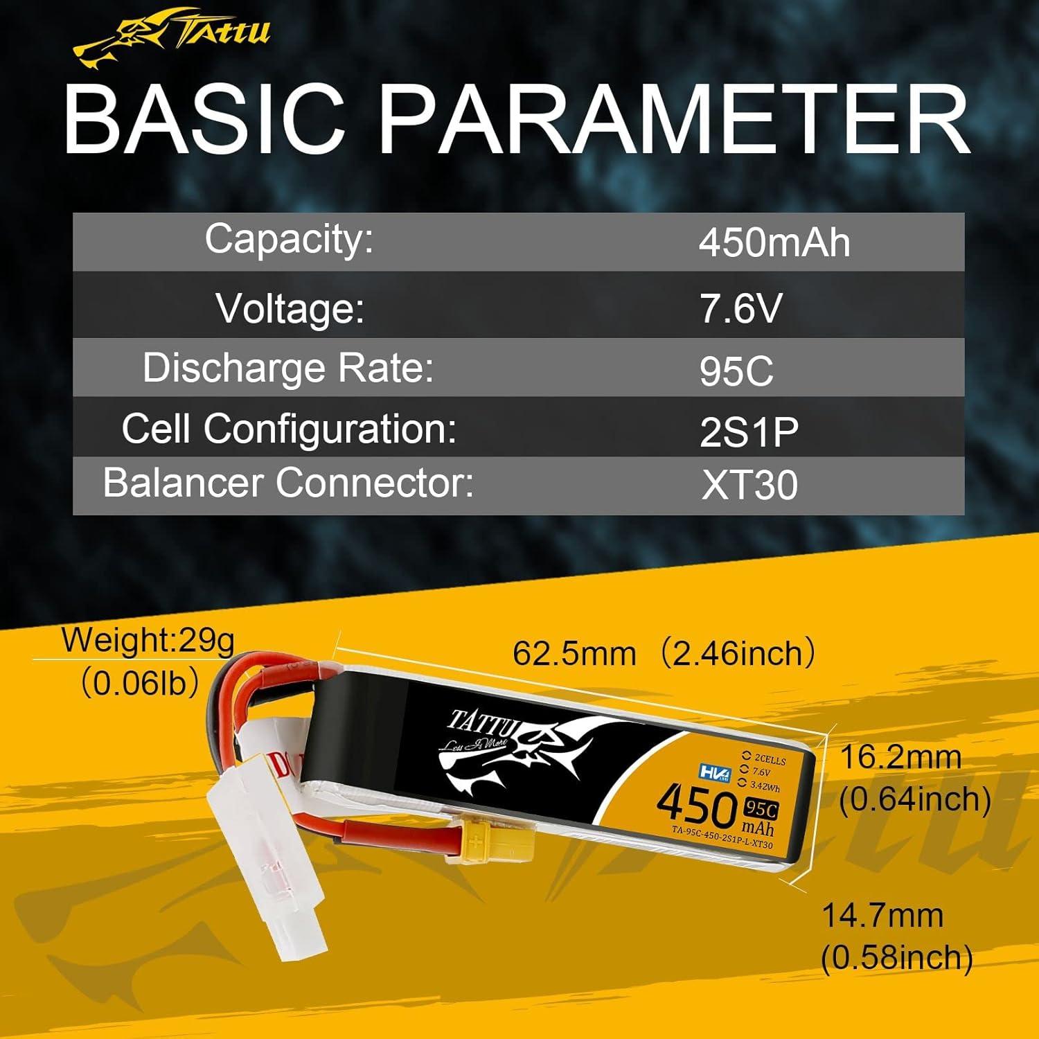 TATTU 450mAh 7.6V High Voltage 95C 2SLipo Battery Pack with XT30 Plug - Long Pack for Small Drones