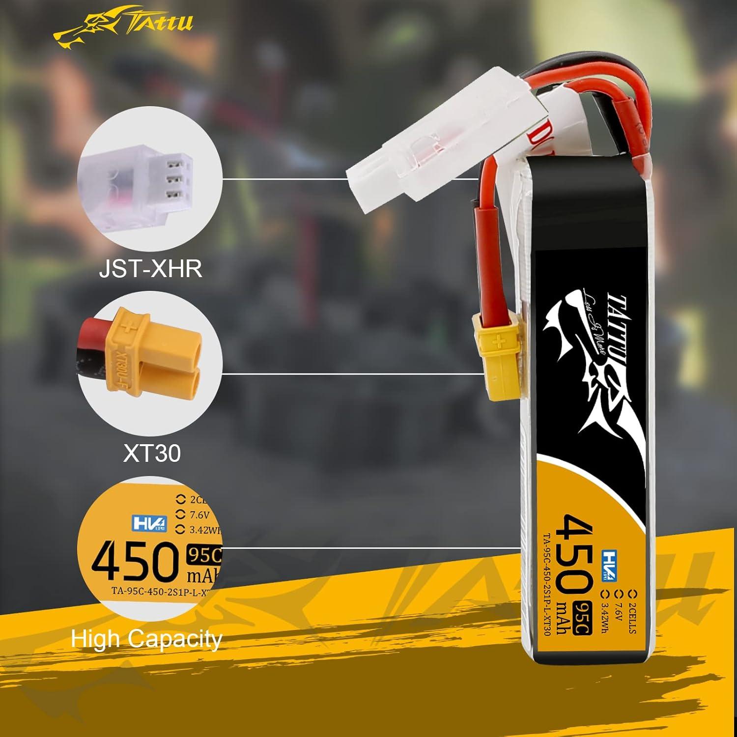 TATTU 450mAh 7.6V High Voltage 95C 2SLipo Battery Pack with XT30 Plug - Long Pack for Small Drones