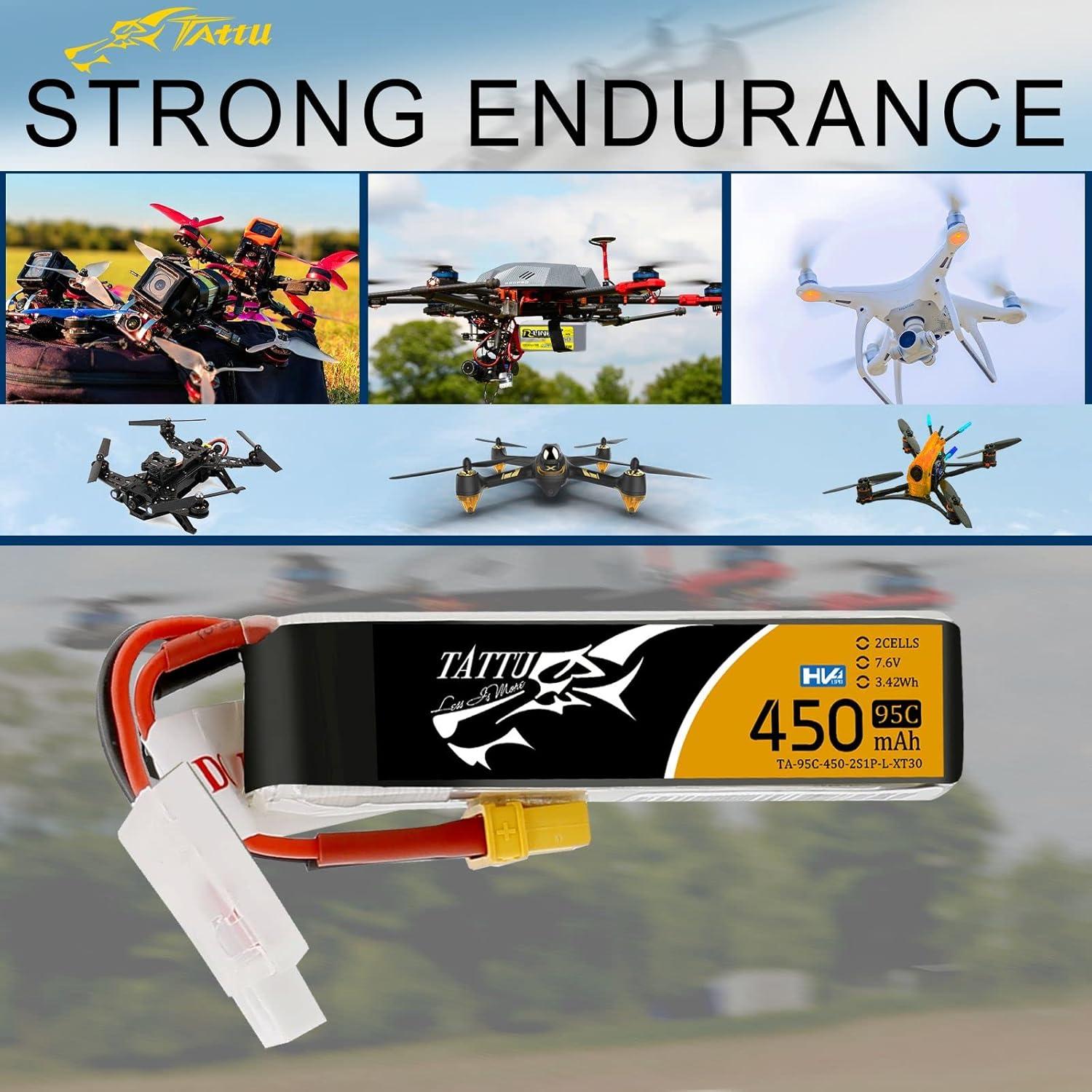 TATTU 450mAh 7.6V High Voltage 95C 2SLipo Battery Pack with XT30 Plug - Long Pack for Small Drones