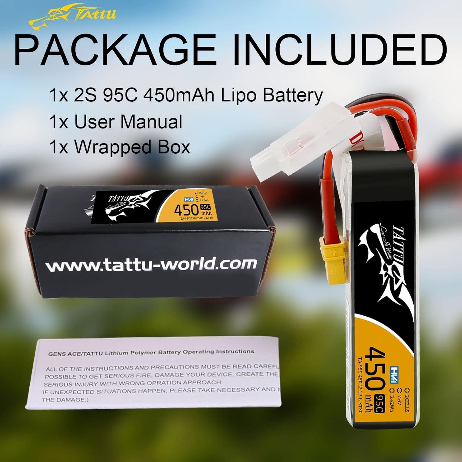 TATTU 450mAh 7.6V High Voltage 95C 2SLipo Battery Pack with XT30 Plug - Long Pack for Small Drones