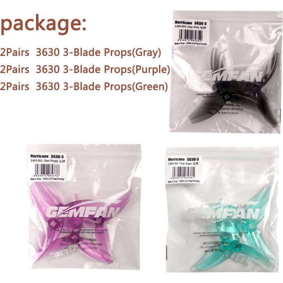 12Pcs Gemfan Hurricane 3630 3.6X3.0X3 3-Blade Propeller 3 Holes PC Props for 1404-2204 Brushless Motor FPV Freestyle 3.5inch Quad Racing Drone
