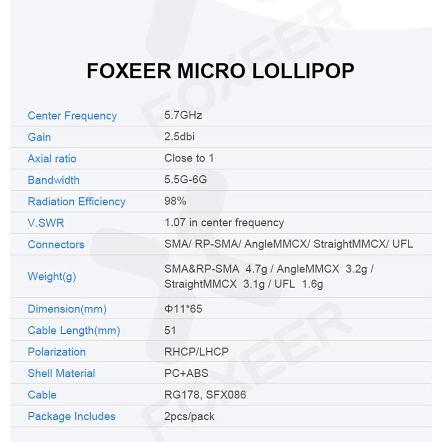 Antena FPV FOXEER Lollipop V4 5.8GHz RHCP 2.5dBi SMA para Drone
