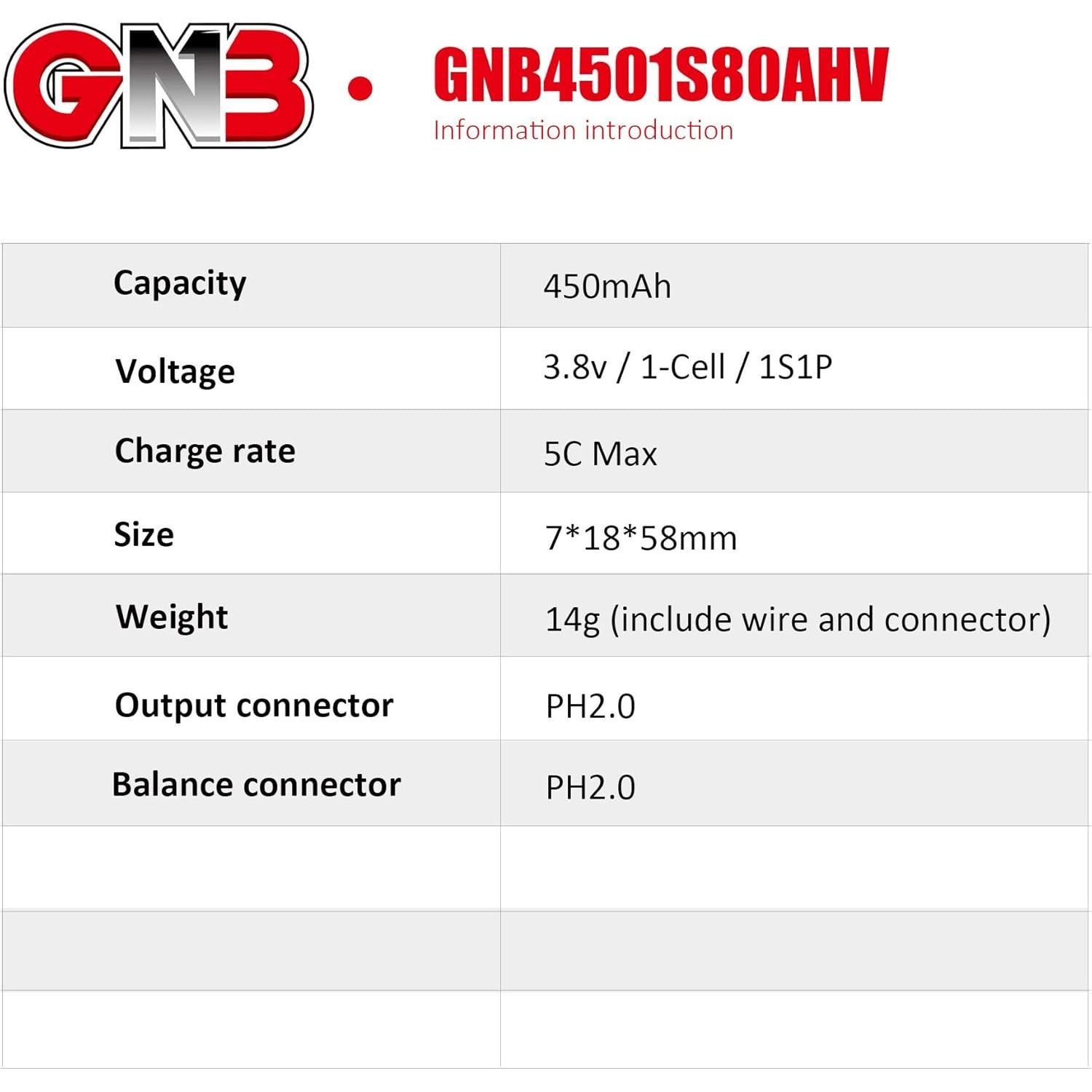 GAONENG 4Packs GNB Tiny Hawk 1S LiPo Battery 450mAh 3.8v 80C 4Packs for Emax Micro Indoor Racing Drone