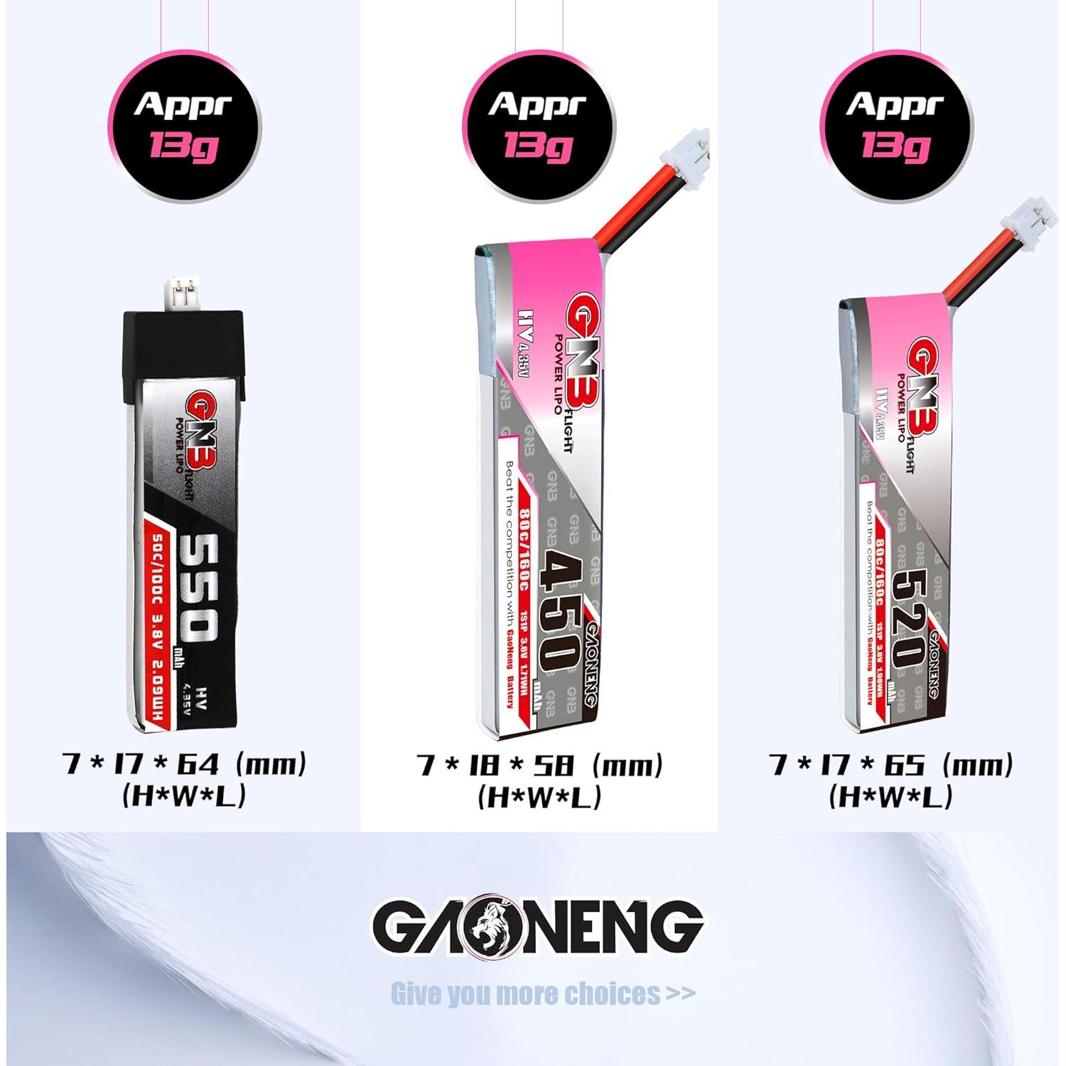 GAONENG 4Packs GNB Tiny Hawk 1S LiPo Battery 450mAh 3.8v 80C 4Packs for Emax Micro Indoor Racing Drone