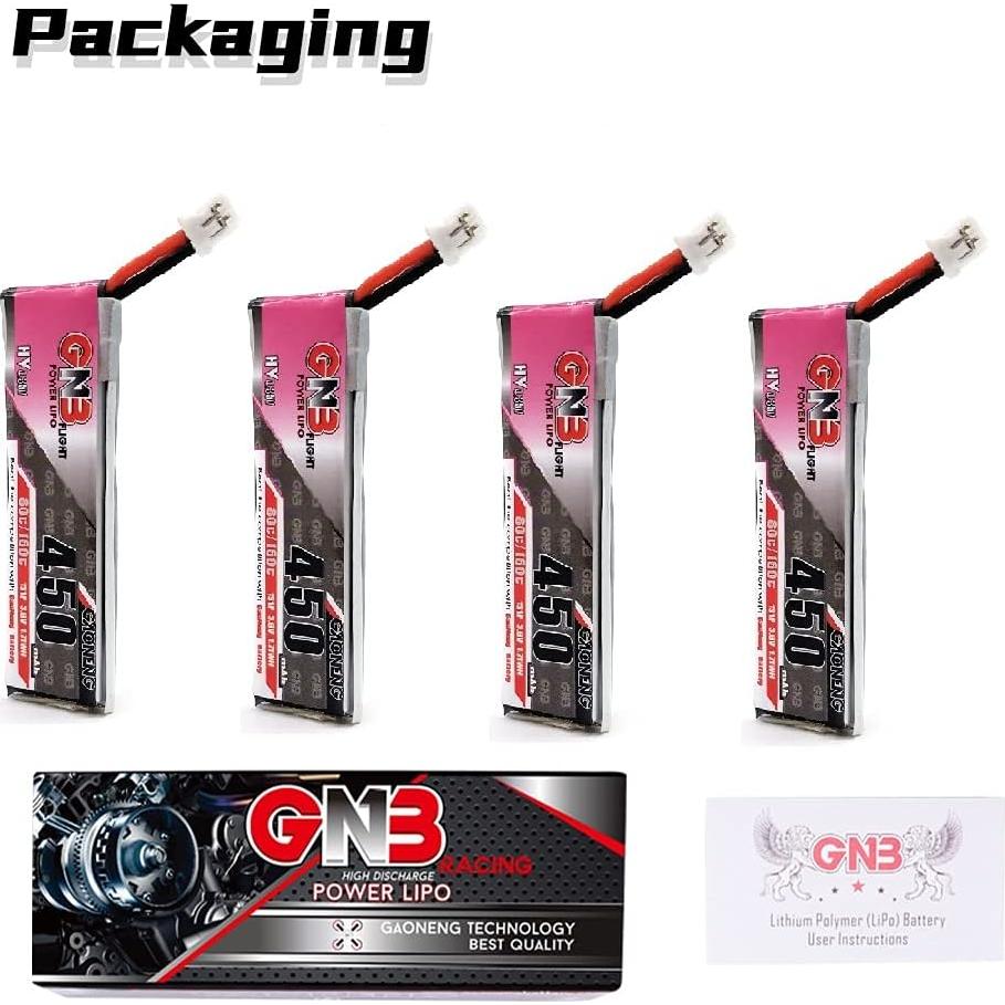 GAONENG 4Packs GNB Tiny Hawk 1S LiPo Battery 450mAh 3.8v 80C 4Packs for Emax Micro Indoor Racing Drone