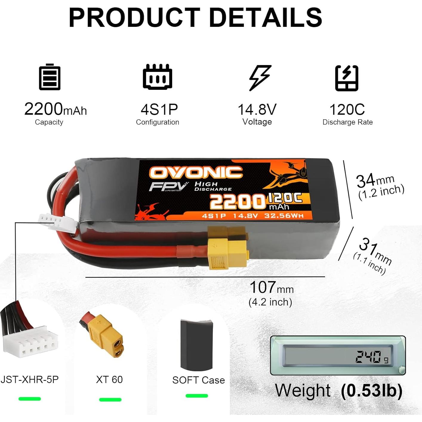 Batería Lipo OVONIC 4S 2200mAh 14.8V 120C XT60 para Dron FPV