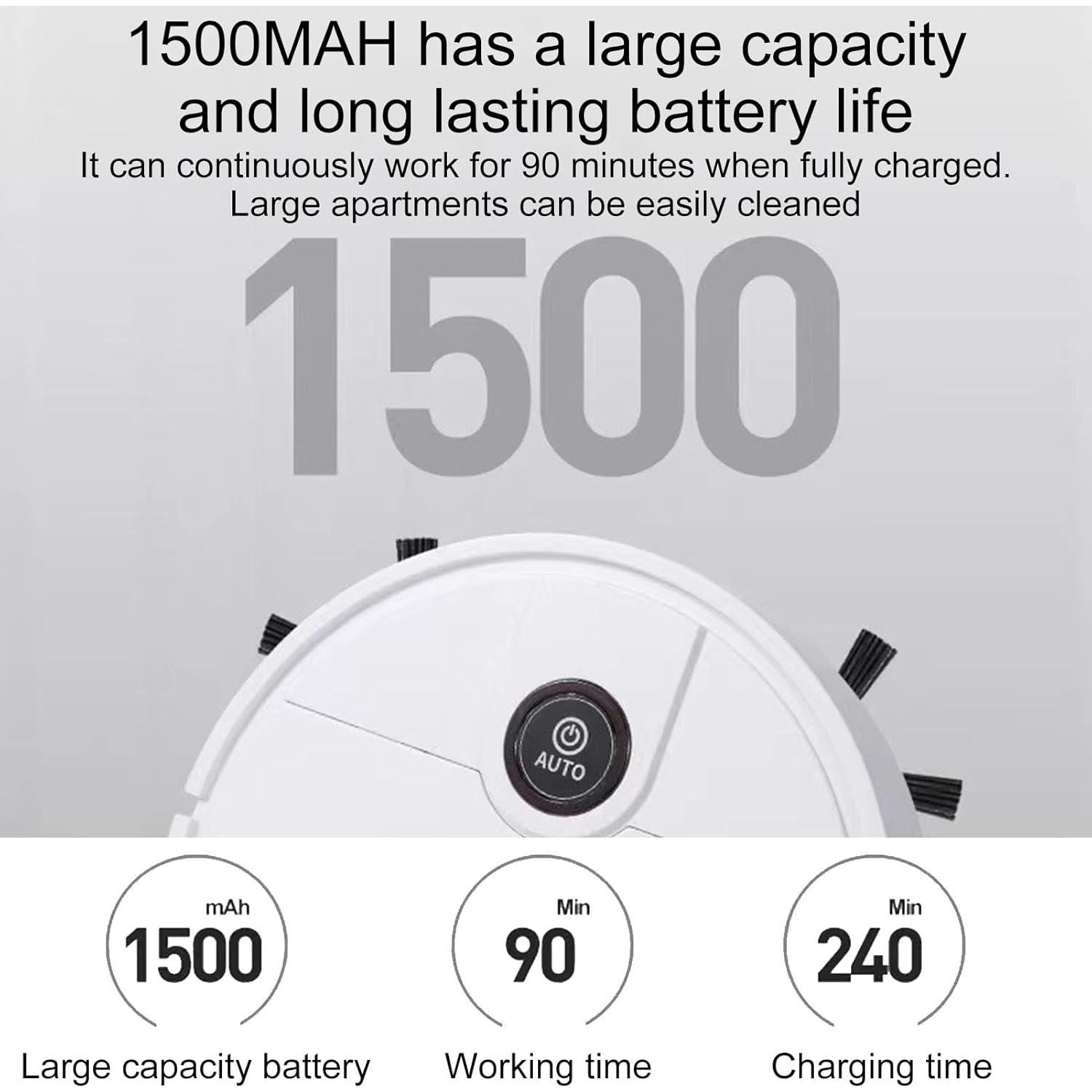 Robot Vacuum Cleaner, Sweeping, Mopping and Vacuuming 3-in-1 Vacuum Cleaner, Mute Intelligent Ultra-thin Auto Sweeping Robot1500mAh For Home, 90 Mins Runtime, Good for Pet Hair, Carpets, Hard Floors