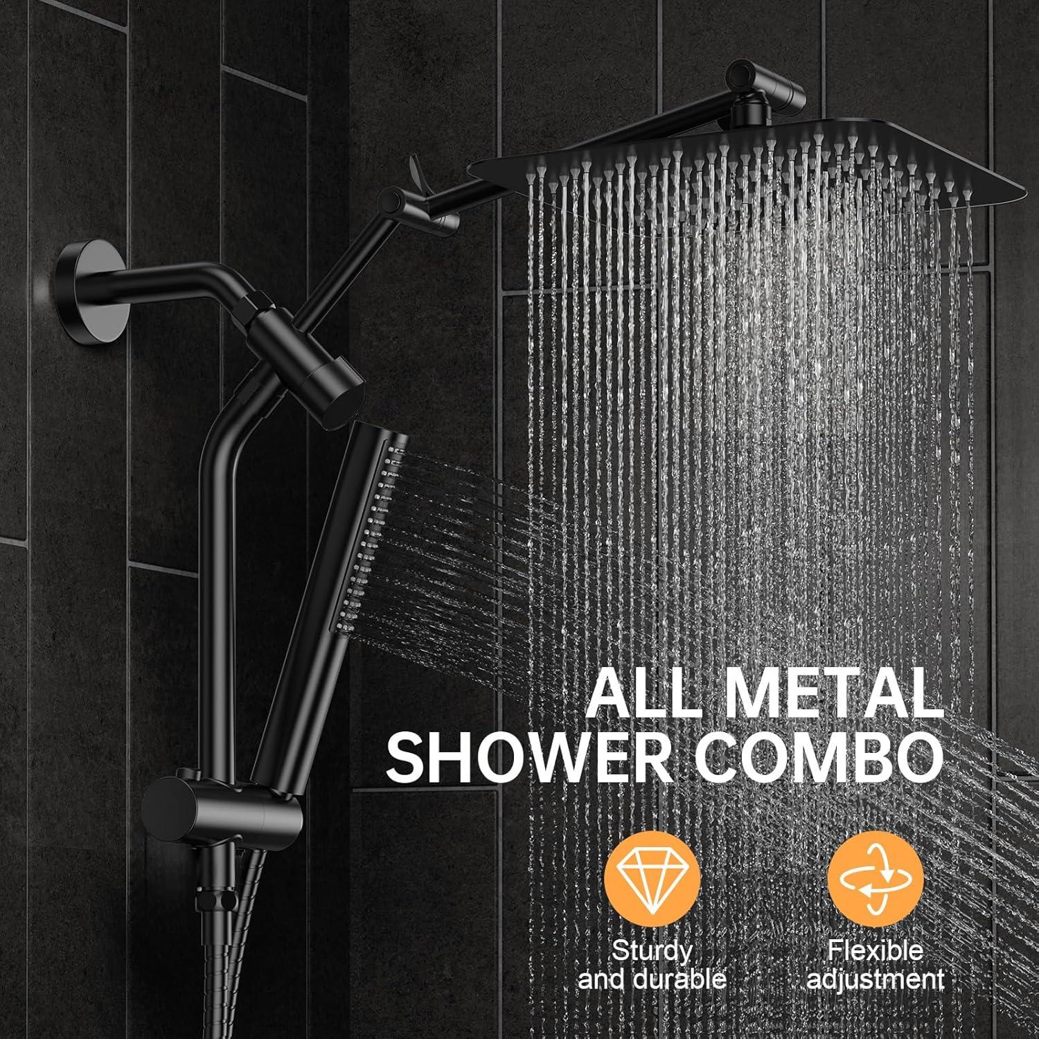 Cabezal de Ducha Veken 10" Cuadrado Negro Mate con Ducha de Mano