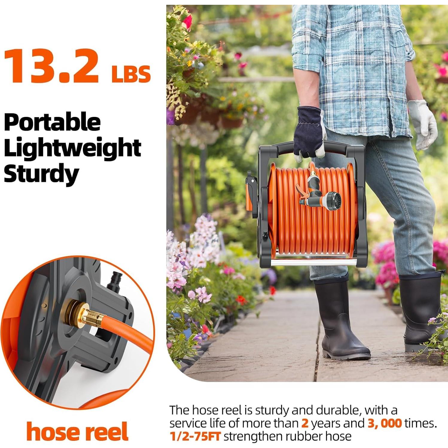 Carrete de Manguera de Jardín Portátil SPECILITE 22.86m Naranja