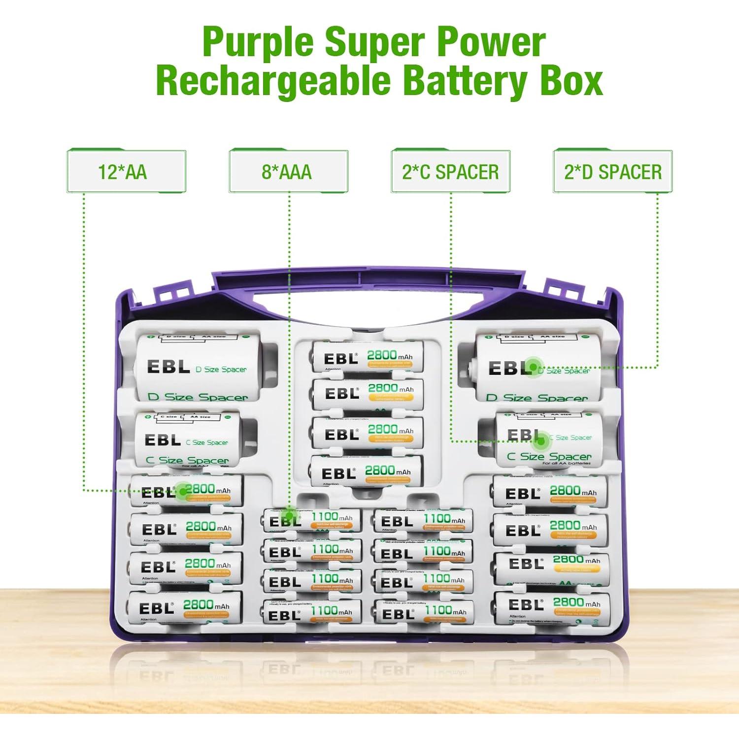 Caja de Baterías EBL 12 AA 8 AAA Adaptadores C/D Morado