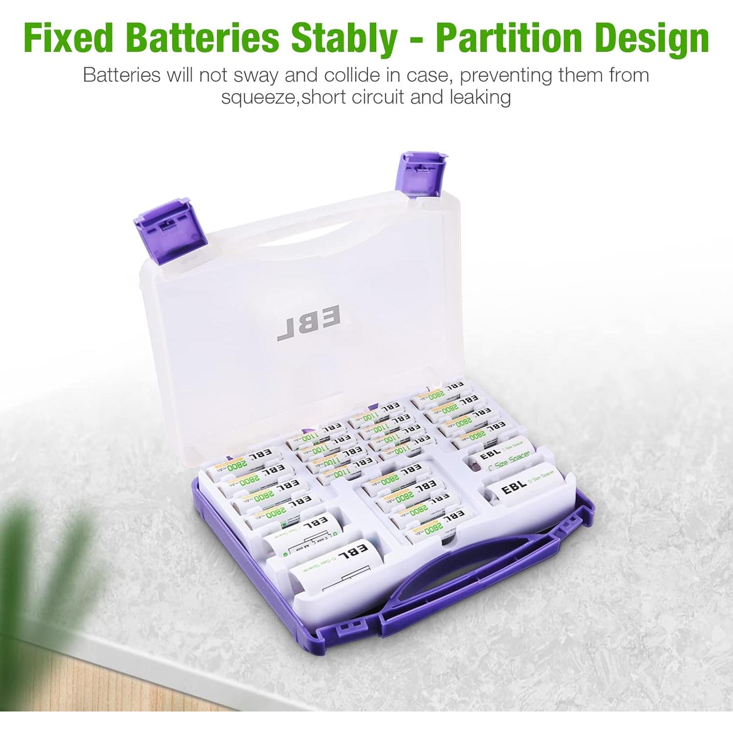 Caja de Baterías EBL 12 AA 8 AAA Adaptadores C/D Morado