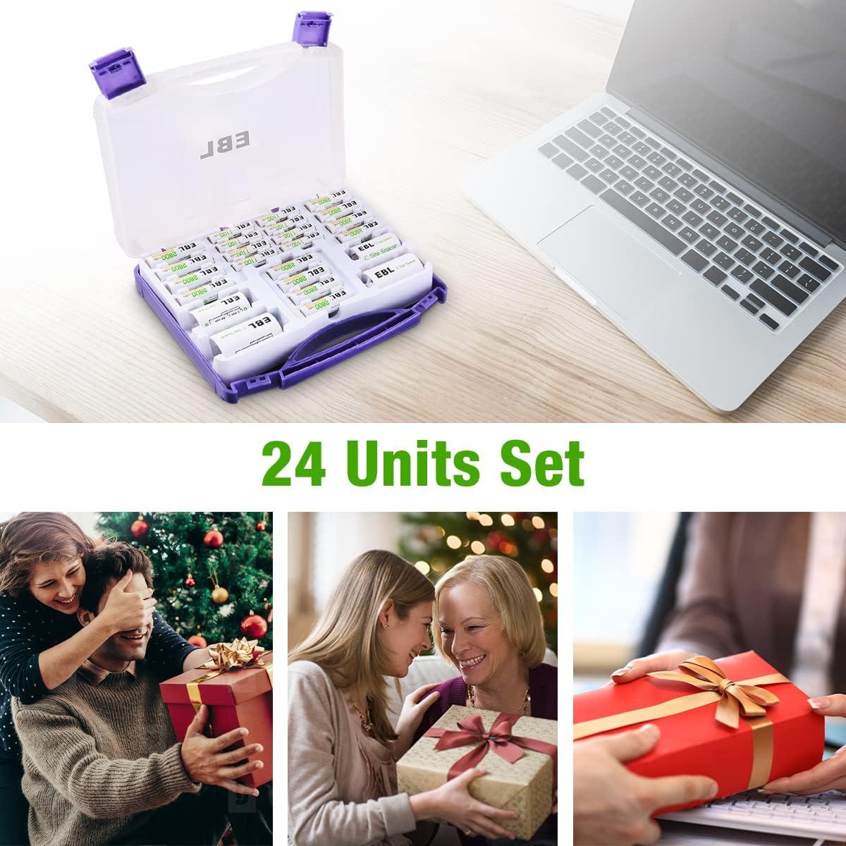 Caja de Baterías EBL 12 AA 8 AAA Adaptadores C/D Morado