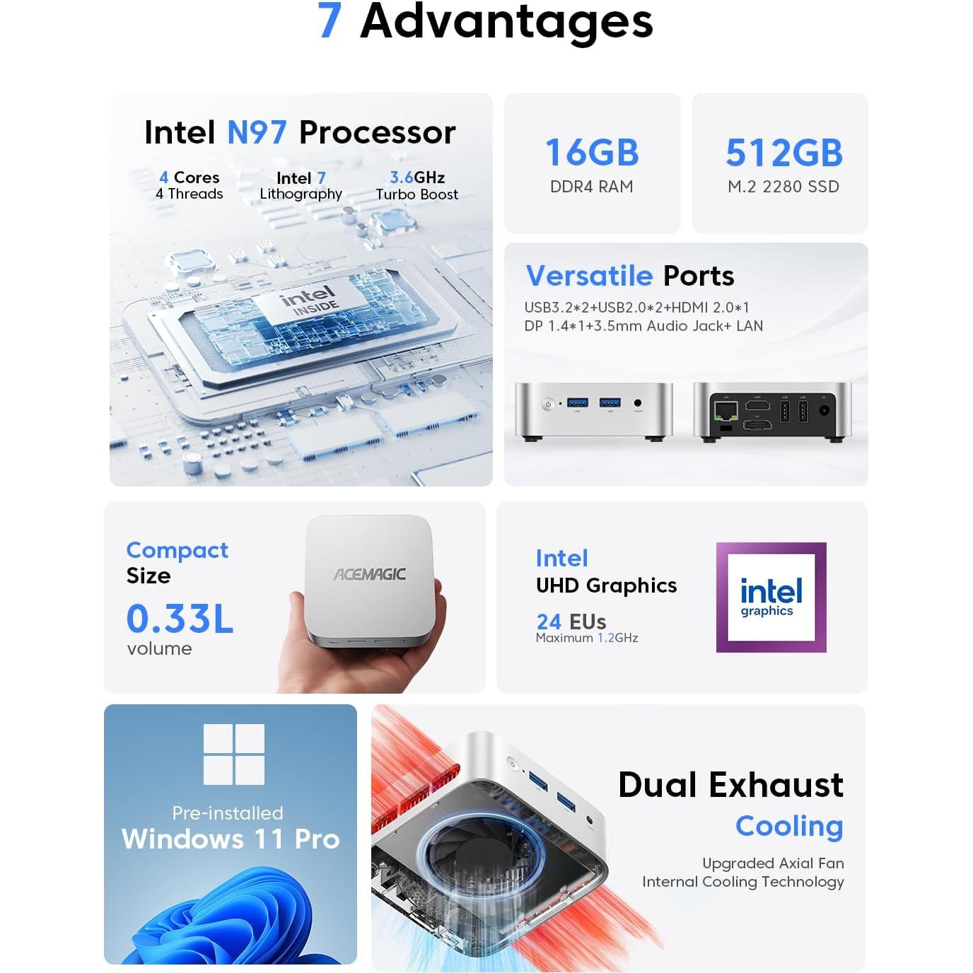 Mini PC ACEMAGIC V1 N97, 16GB RAM, 512GB SSD, 4K