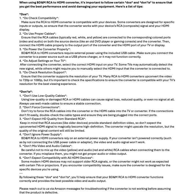 Convertidor RCA a HDMI BD&M 720P/1080P para TV y PC