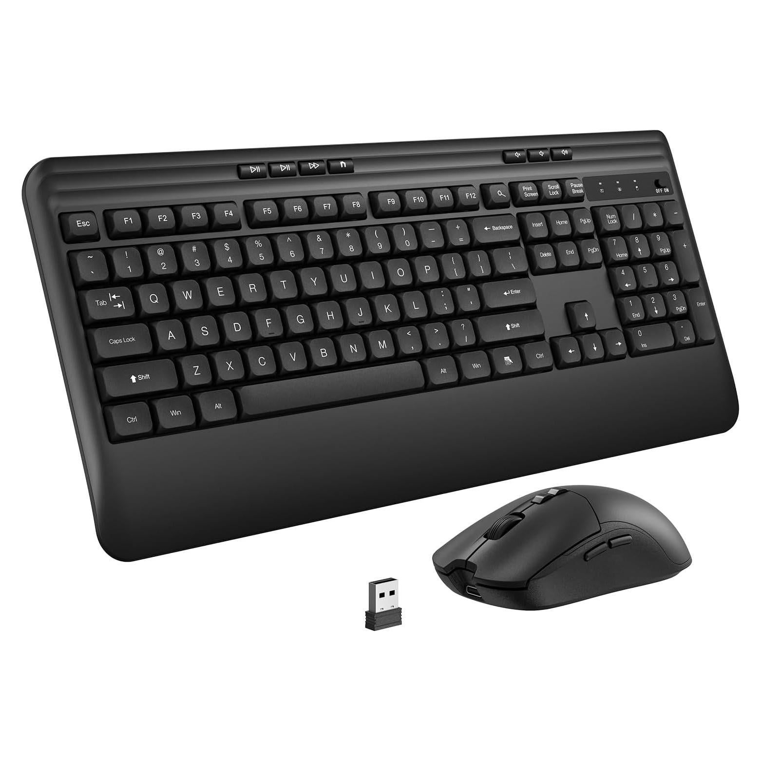 Wireless Keyboard and Mouse Set with Quiet Keys, 2.4G Full Size Ergonomic Keyboard with Wrist Rest, Protective Covers, Soft Touch Silent Design for Windows, Computer, PC and Laptop