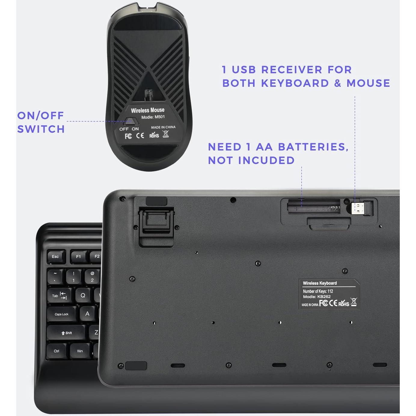 Wireless Keyboard and Mouse Set with Quiet Keys, 2.4G Full Size Ergonomic Keyboard with Wrist Rest, Protective Covers, Soft Touch Silent Design for Windows, Computer, PC and Laptop