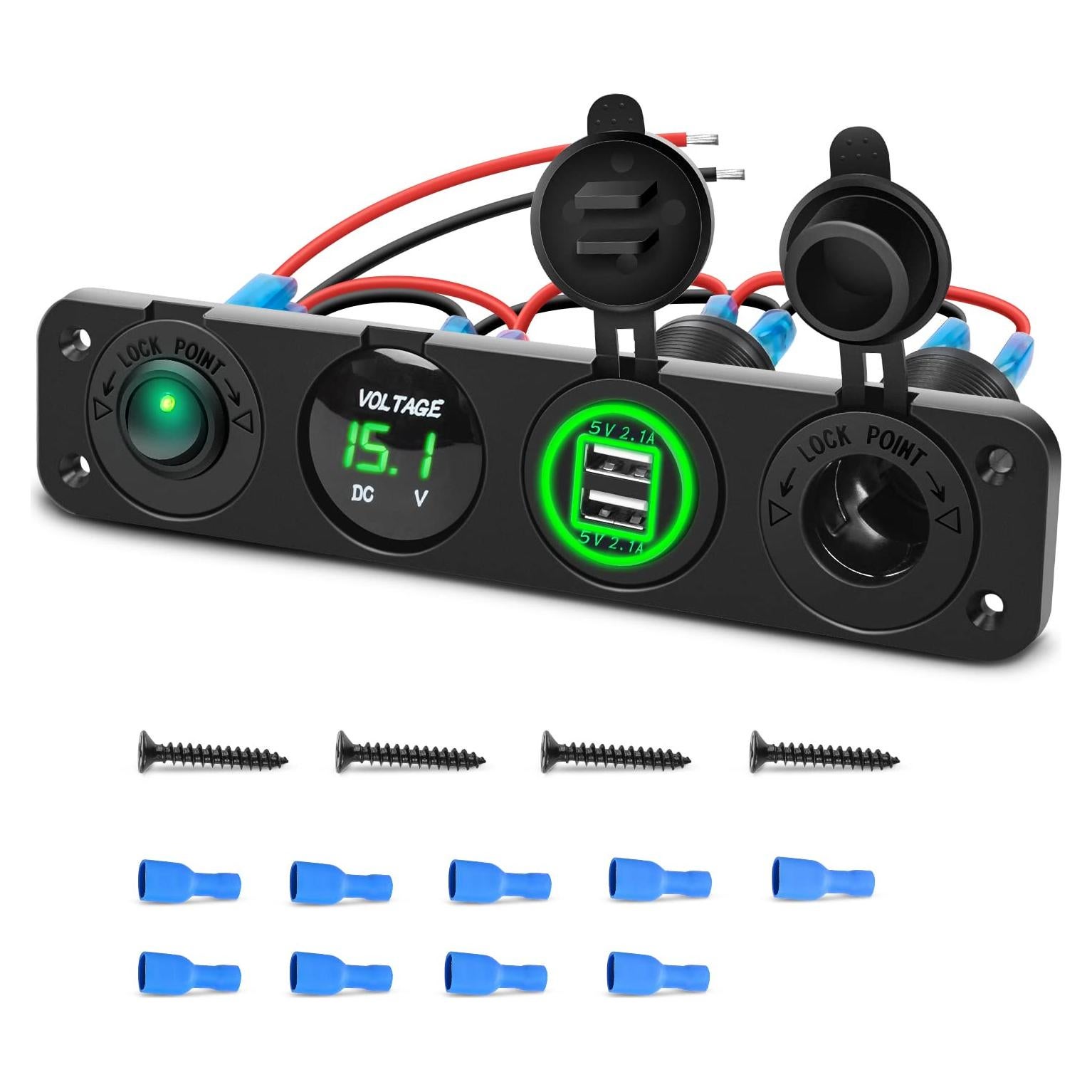 Panel Cargador 4 en 1 Nilight USB Doble 12V-24V con Voltímetro