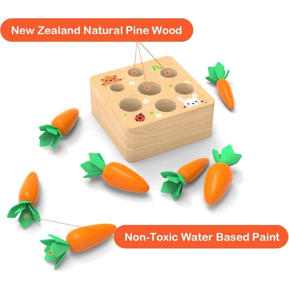 Montessoritoys for 1 Year Old, Wooden Toys Developmental Shape Sorting & Matching Puzzle Carrots Harvest Game, Birthday Gifts for Toddlers Babies Boys and Girls 6-12 Months Christmas