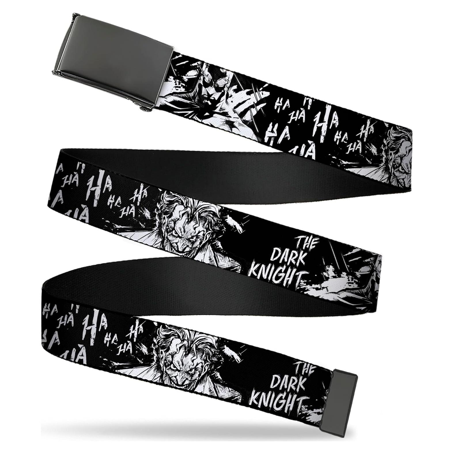 Buckle-Down DC Comics Belt, Flip Web Belt Batman The Dark Knight and Joker Smiling Close Up Black, Adjustable