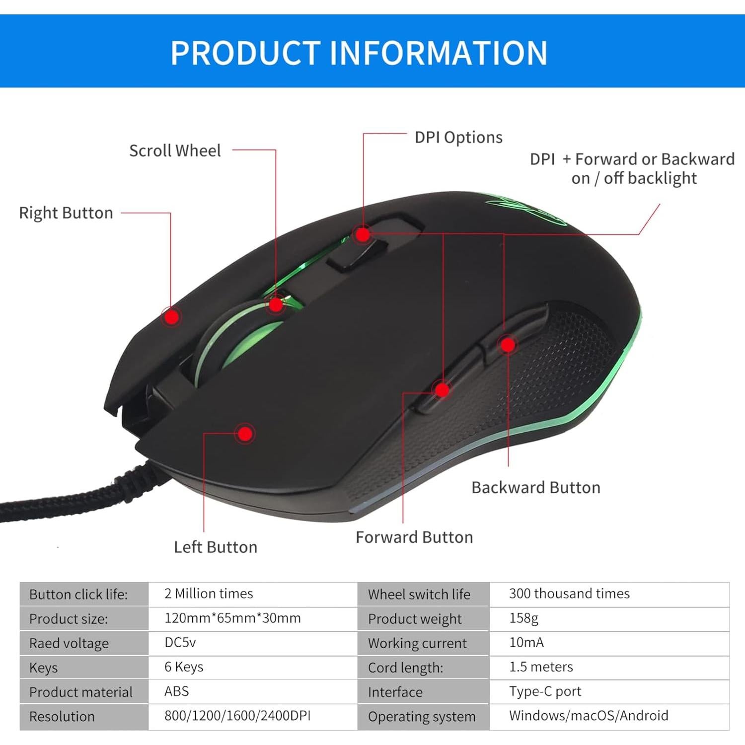 Ratón Óptico USB Tipo C IULONEE Ergonómico 2400 DPI LED Negro